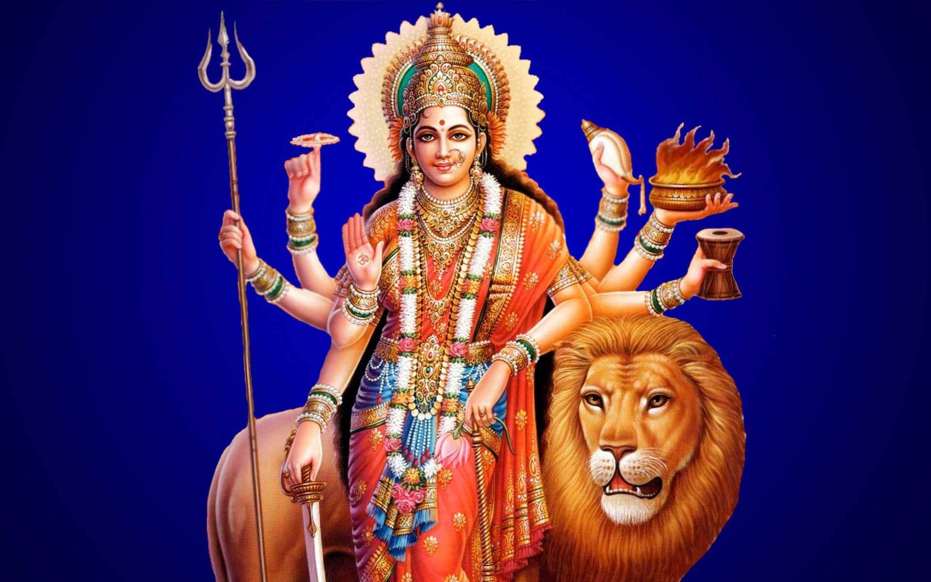 Maa Sherawali, gold and red jewelry, majestic lion, Full HD Desktop Wallpaper