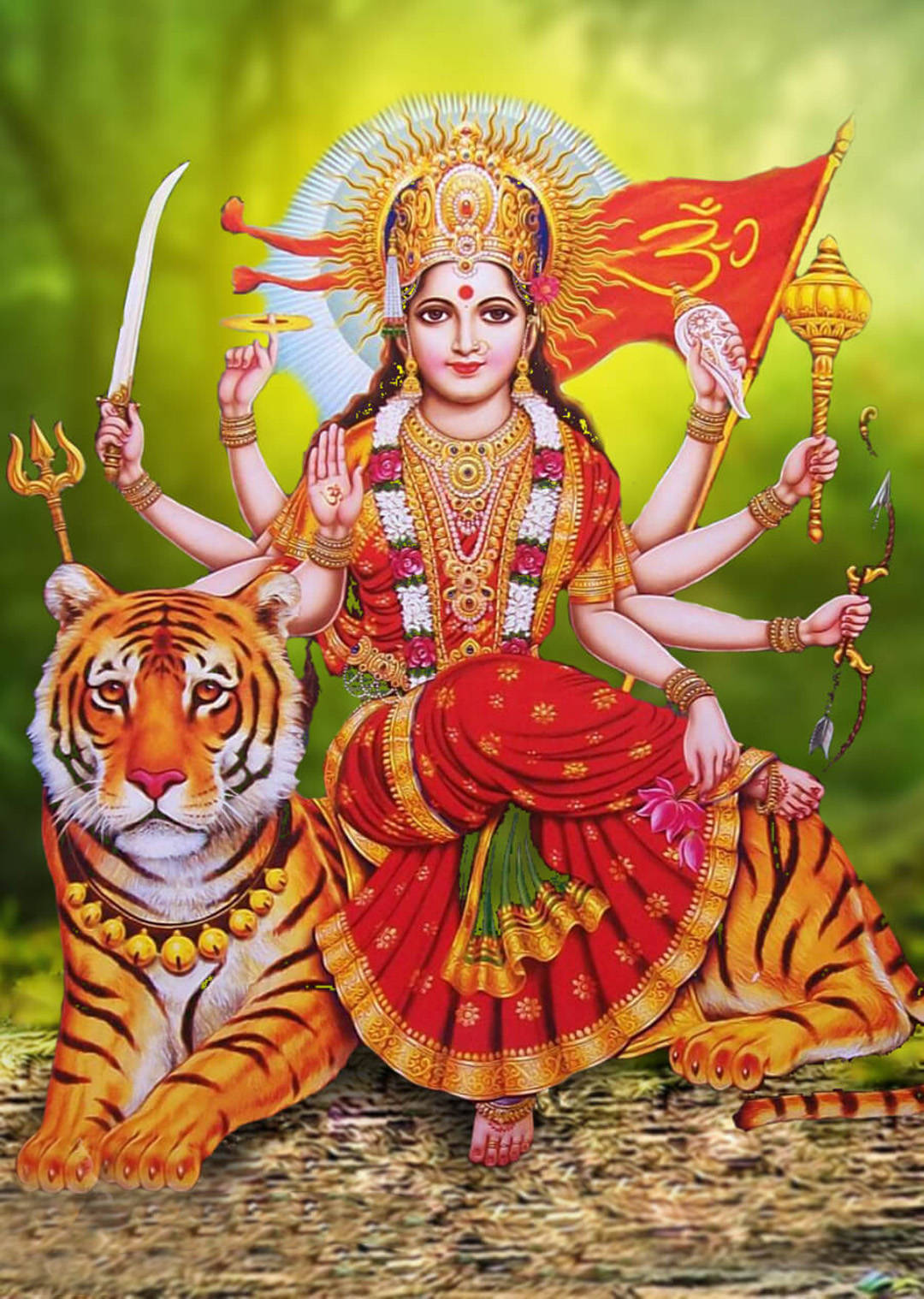 Maa Sherawali, tiger, red and gold, HD Phone Wallpaper