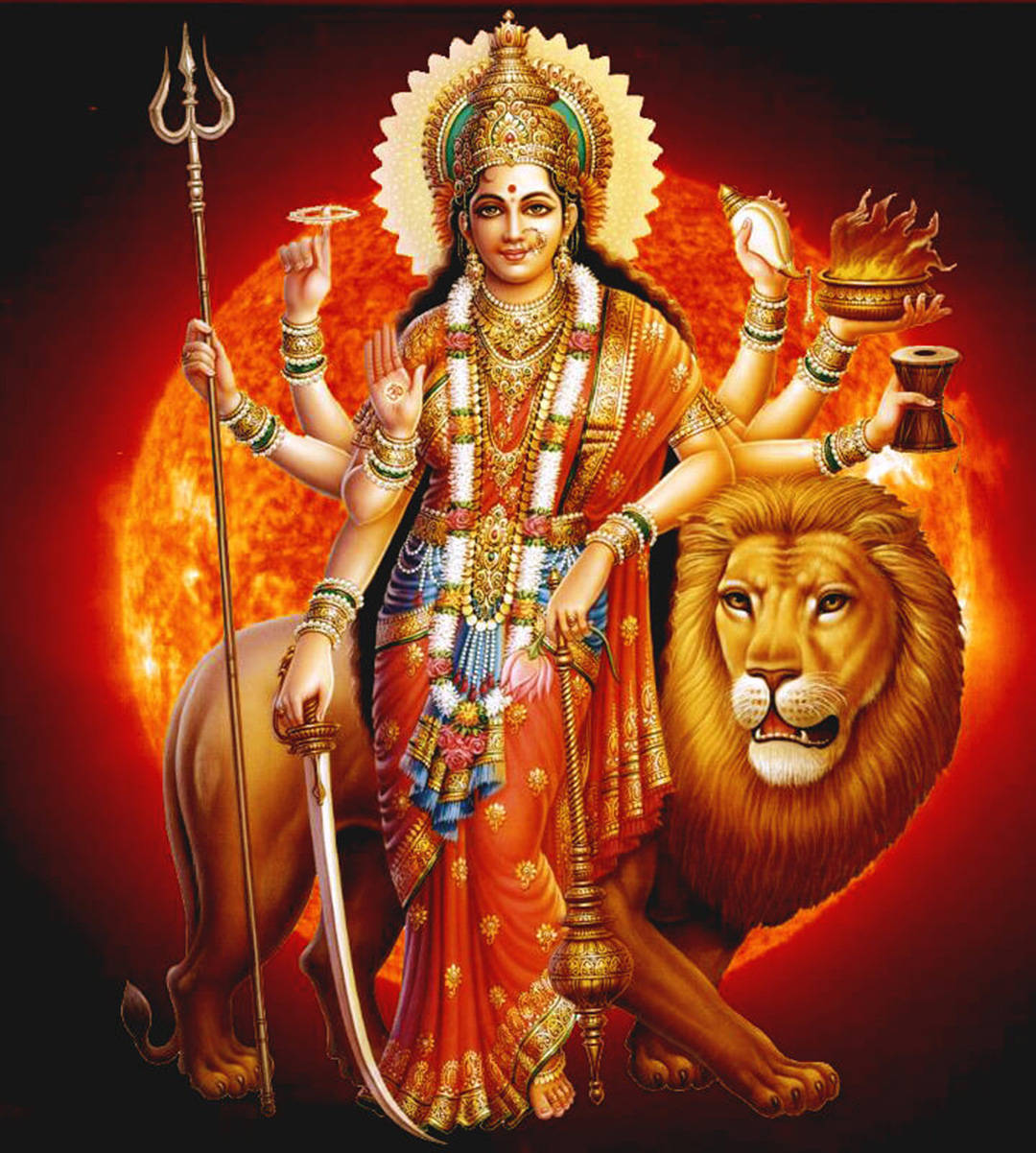 Maa Sherawali, fiery sun, lion, SD Phone Wallpaper