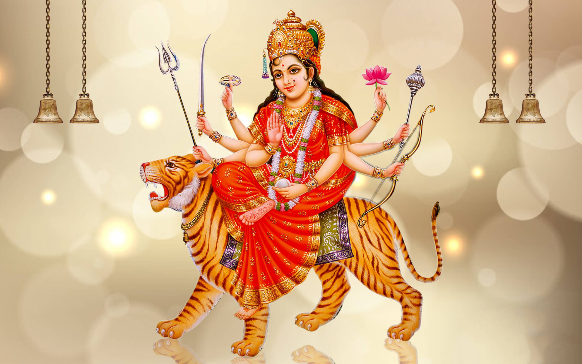 Maa Sherawali, Indian goddess, red attire, Full HD Desktop Wallpaper