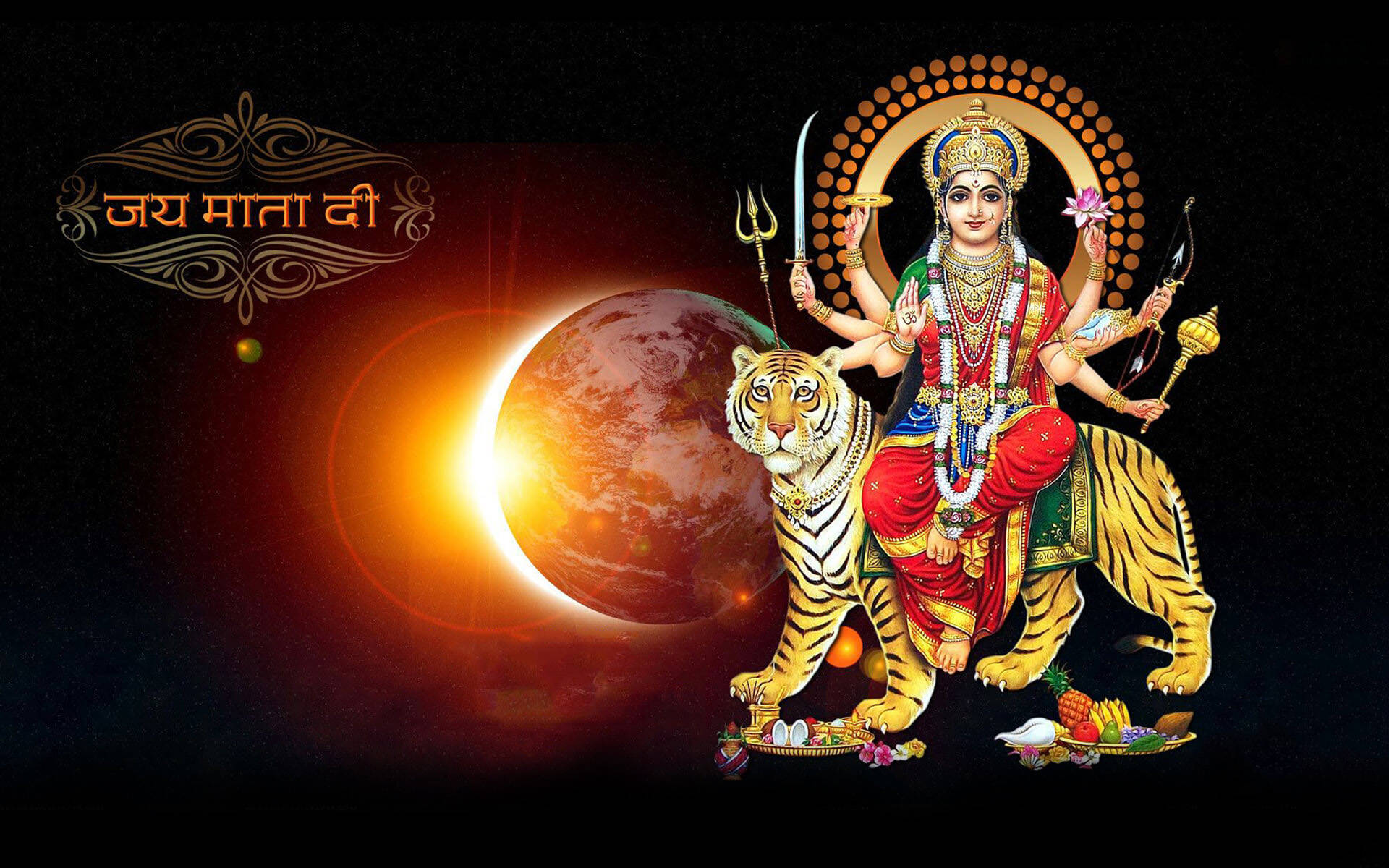 Maa Sherawali, golden tiger, cosmic backdrop, Full HD Desktop Wallpaper