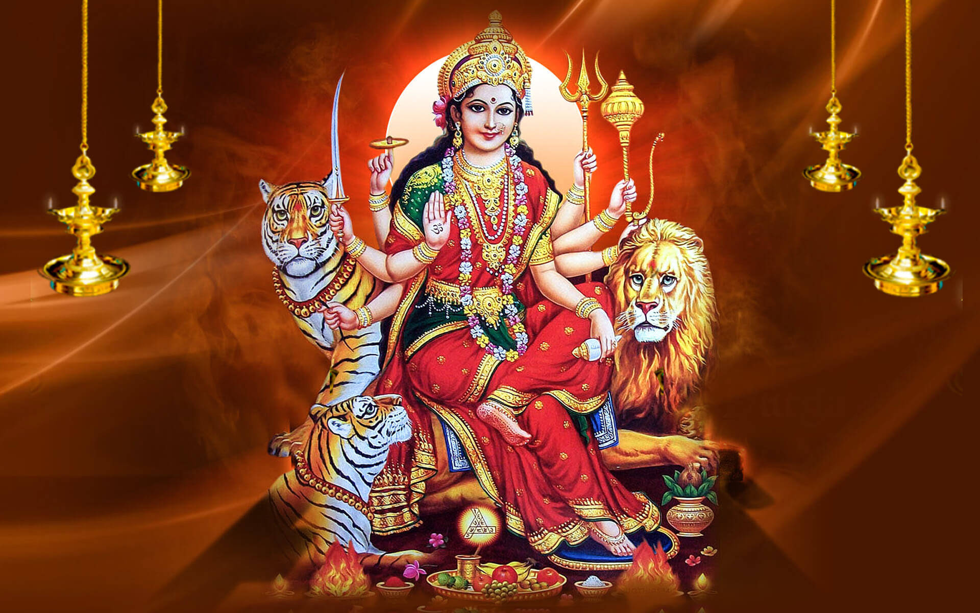 Maa Sherawali, tiger, lion, Full HD Desktop Wallpaper