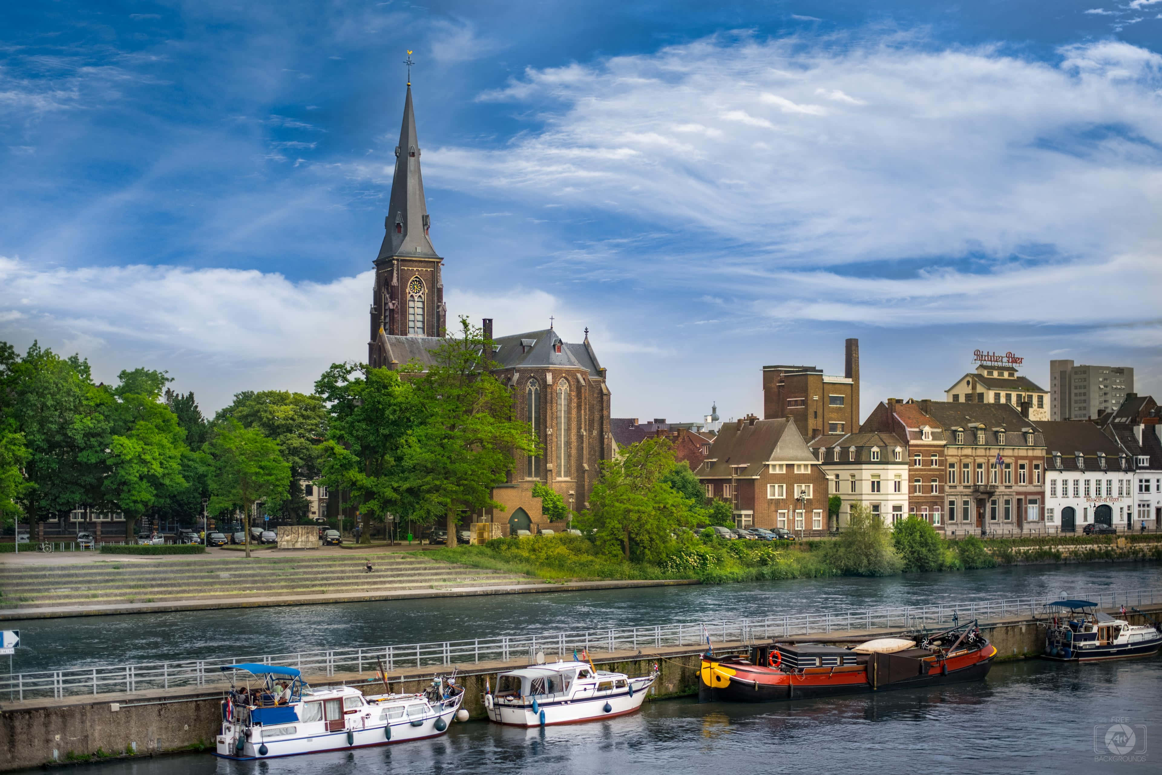Maastricht, river view, church, 4K Desktop Wallpaper