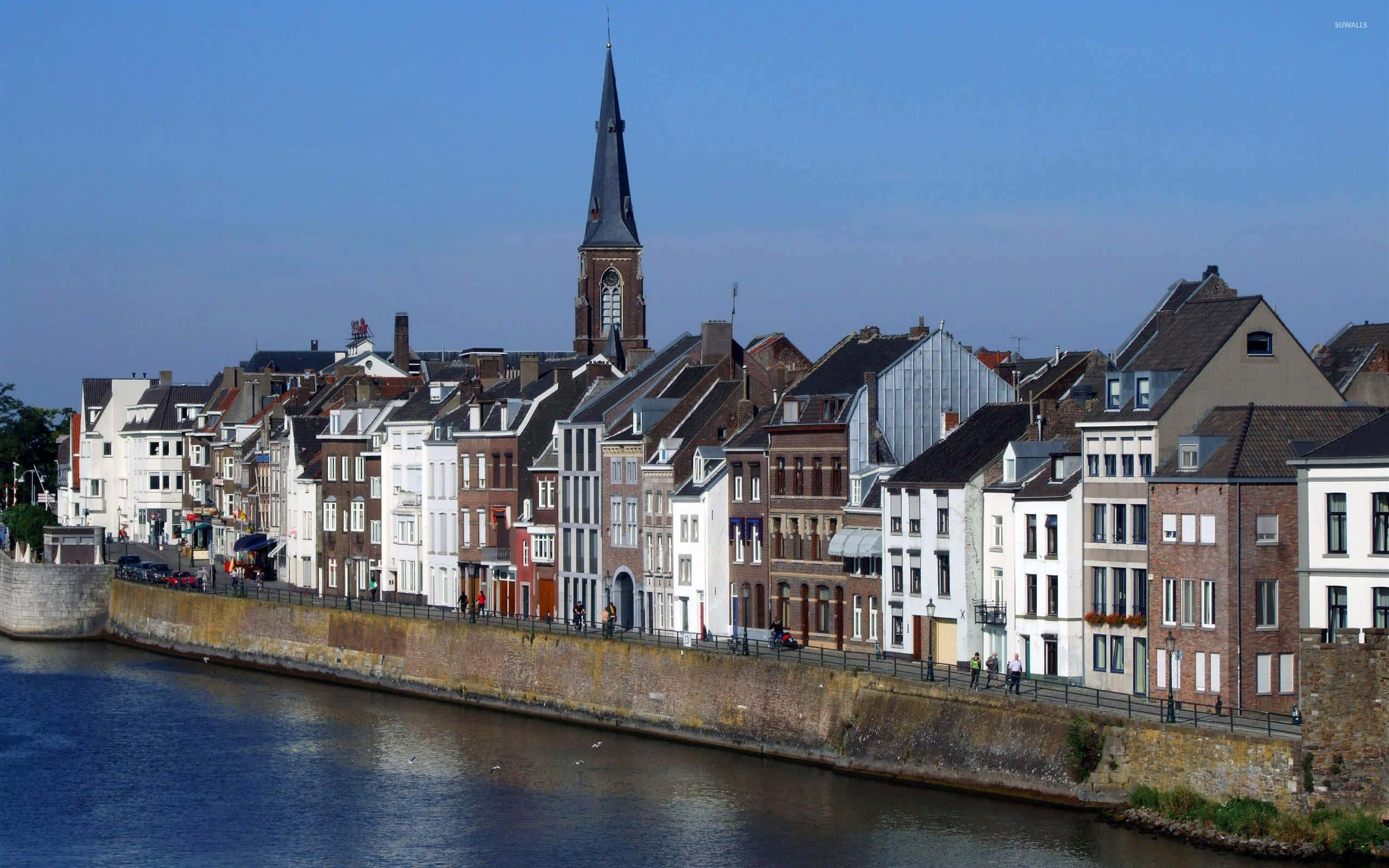 Maastricht, riverfront architecture, historic brick buildings, 2K Desktop Wallpaper