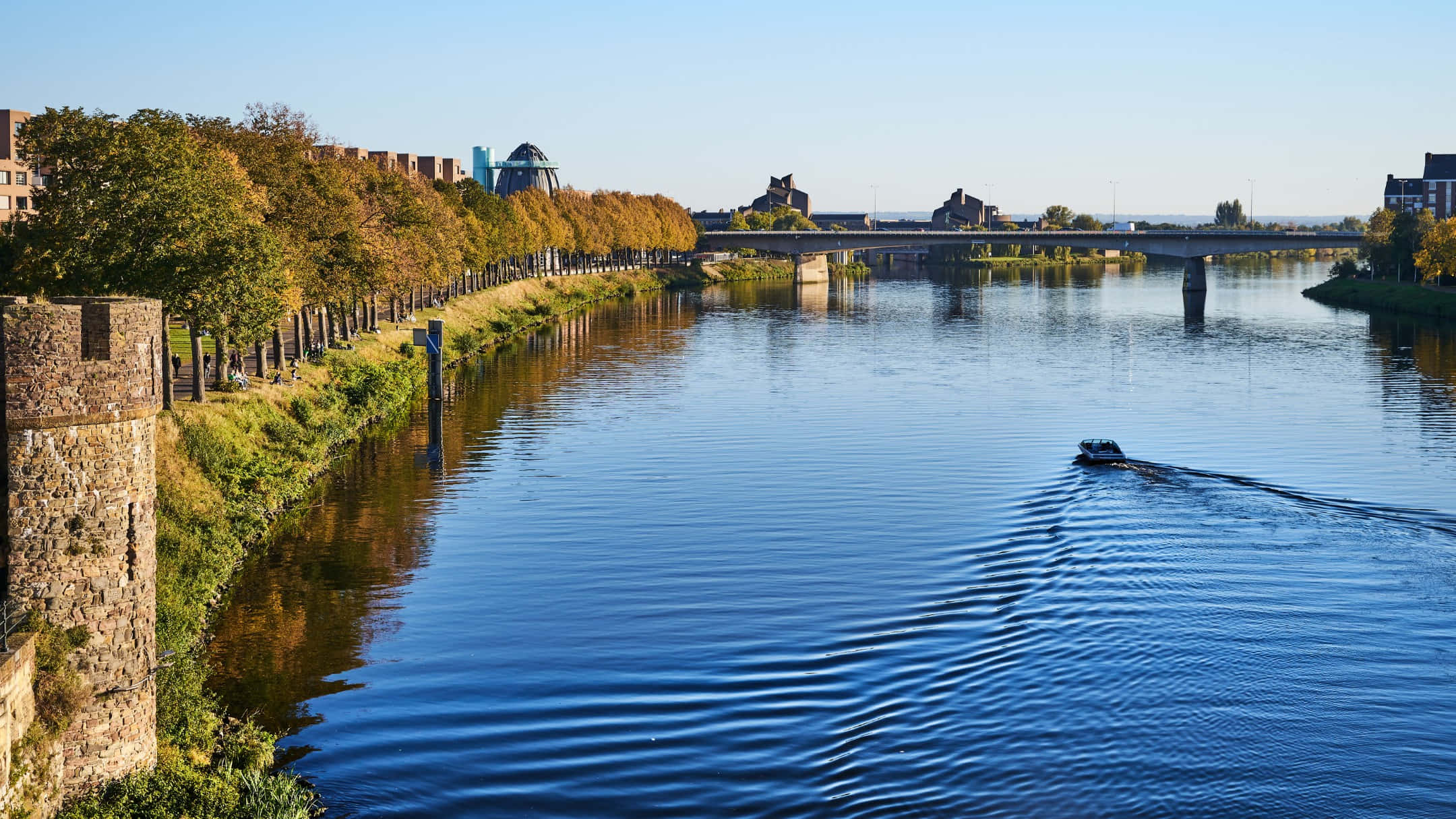 Maastricht, river, autumn trees, Full HD Desktop Wallpaper