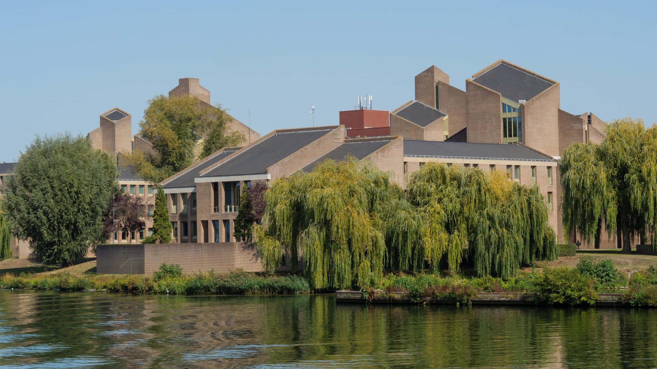 Maastricht, riverfront building, angular brick buildings, Full HD Desktop Wallpaper