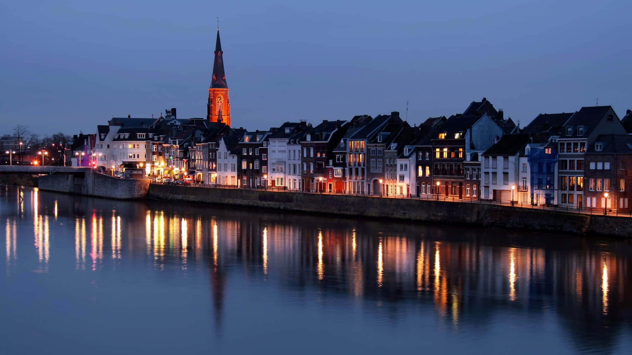 Maastricht, riverfront, evening lights, Full HD Desktop Wallpaper