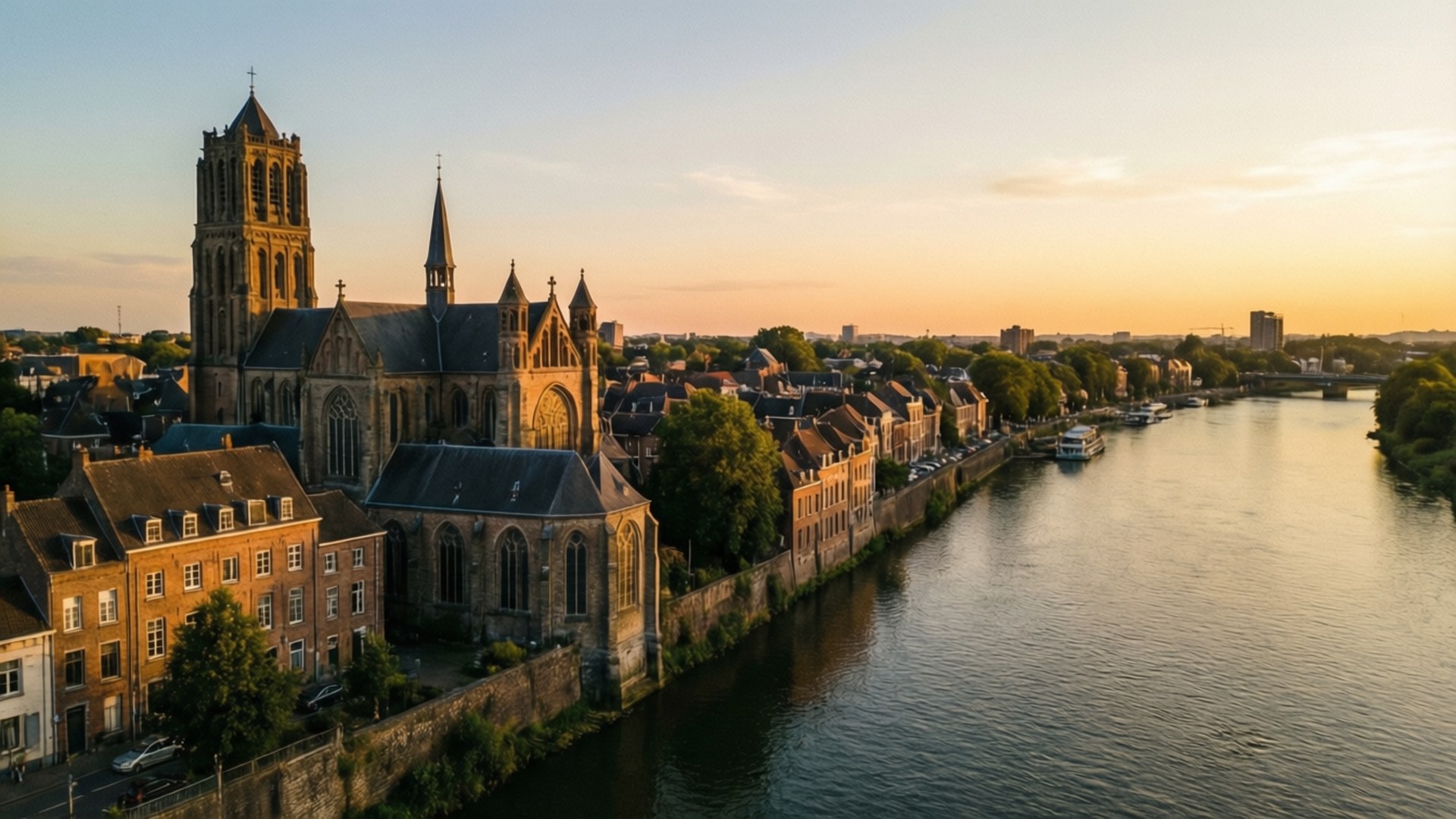 Maastricht, sunset, basilica, Full HD Desktop Wallpaper