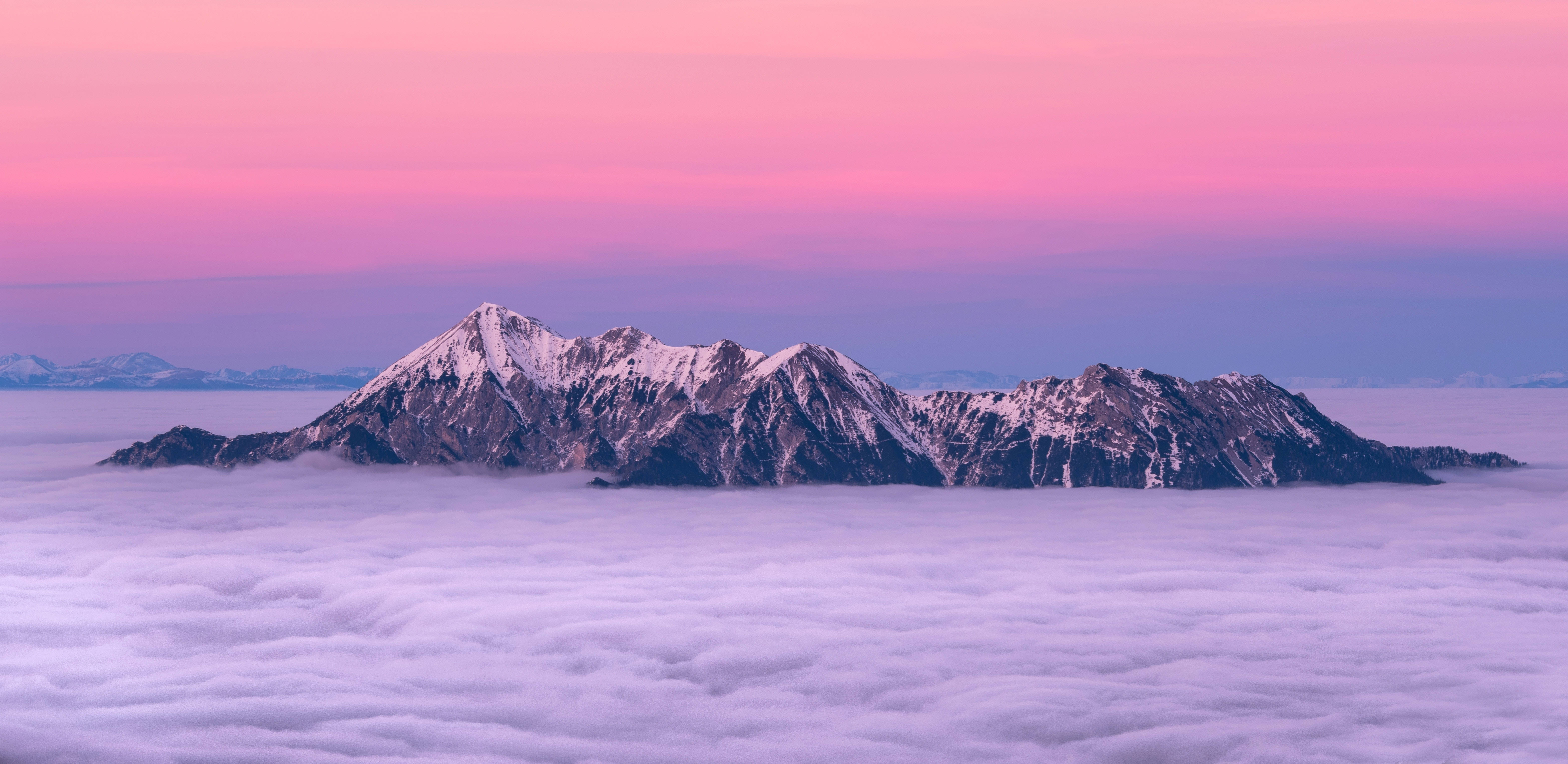 Pink Sky, mountains, snowcapped mountain peaks, 5K Desktop Wallpaper