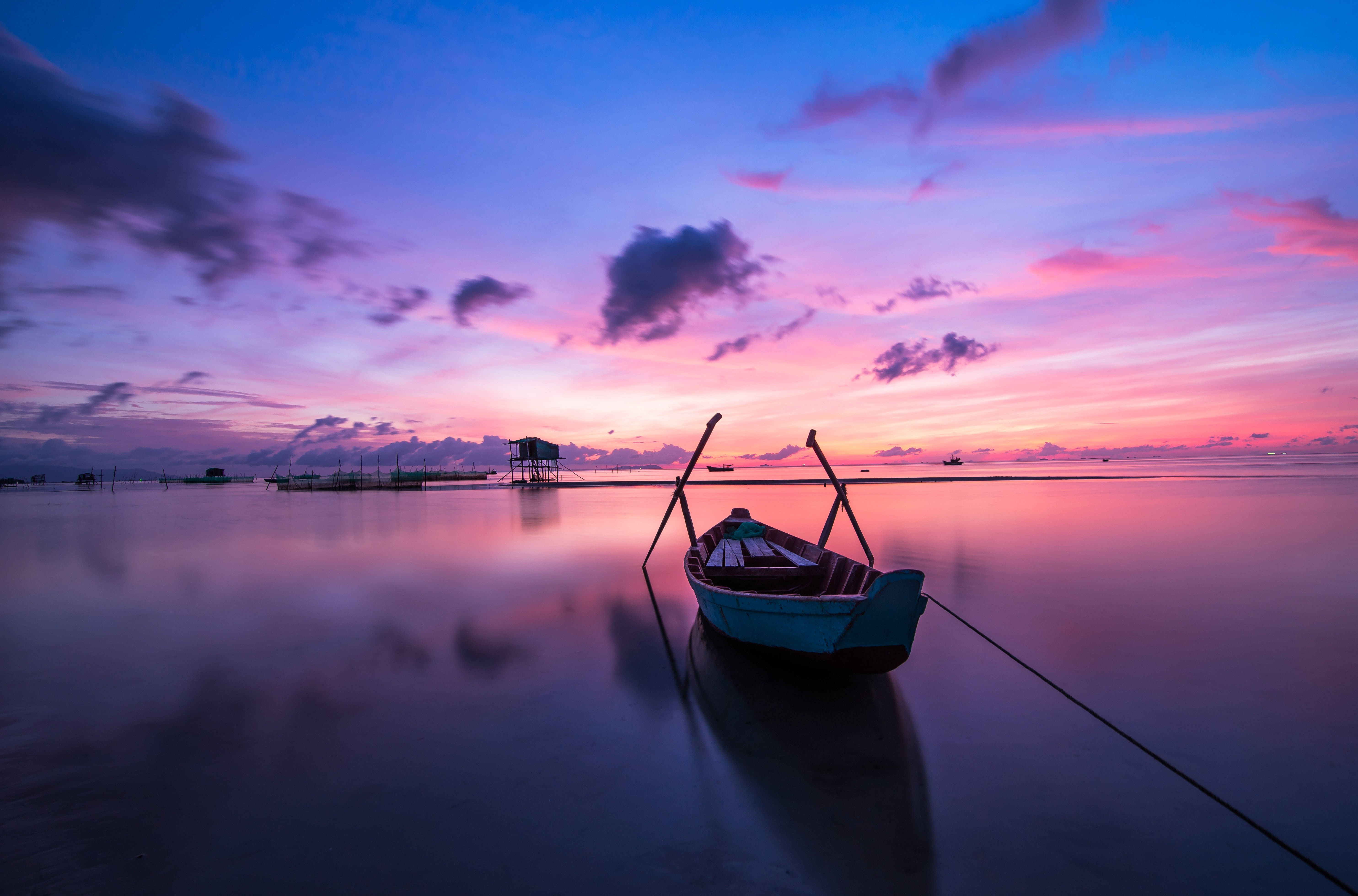 empty boat, sea, glassy water, 5K Desktop Wallpaper