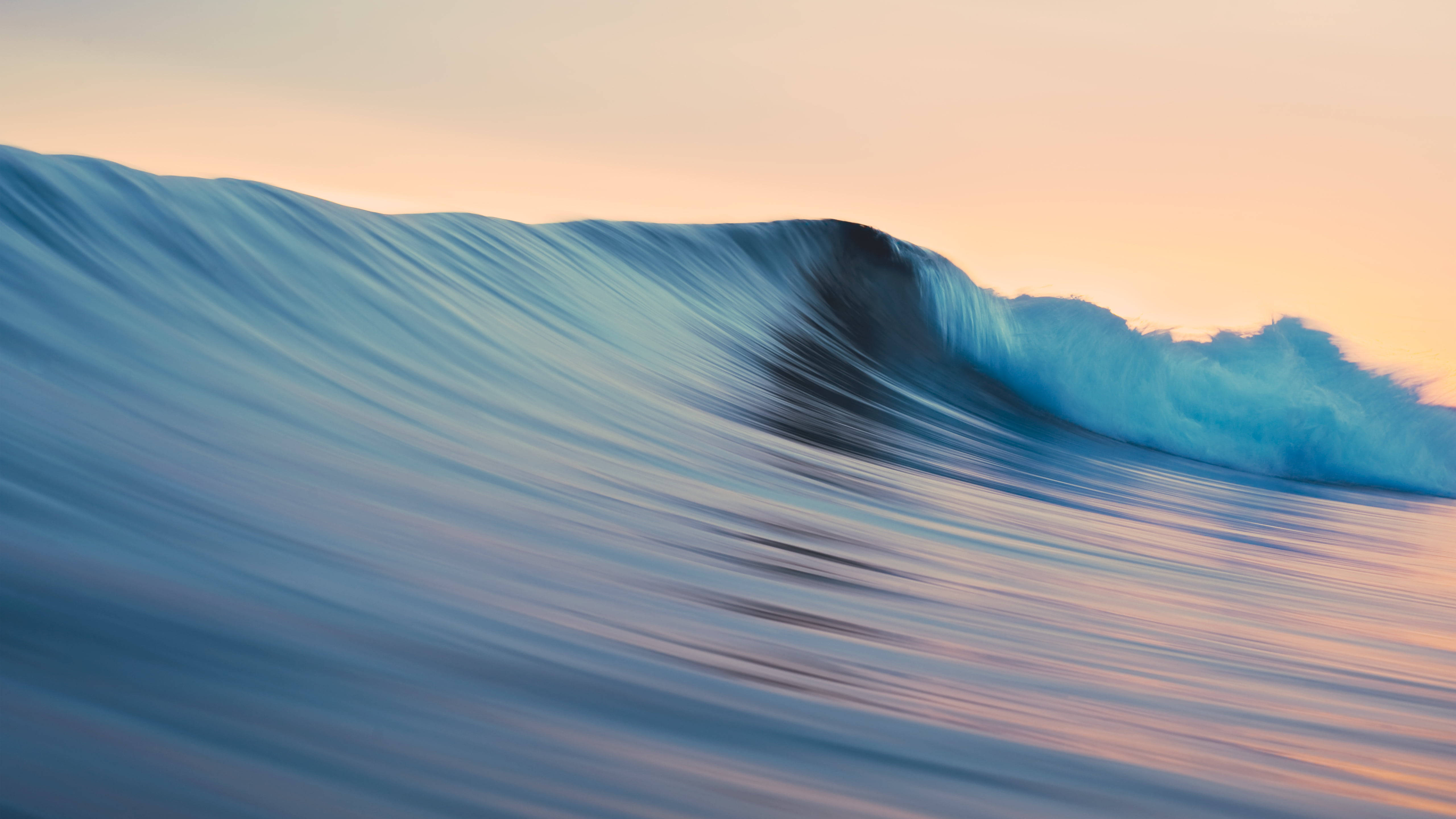 ocean wave, blue motion, peach and pink sunset sky, 5K Desktop Wallpaper