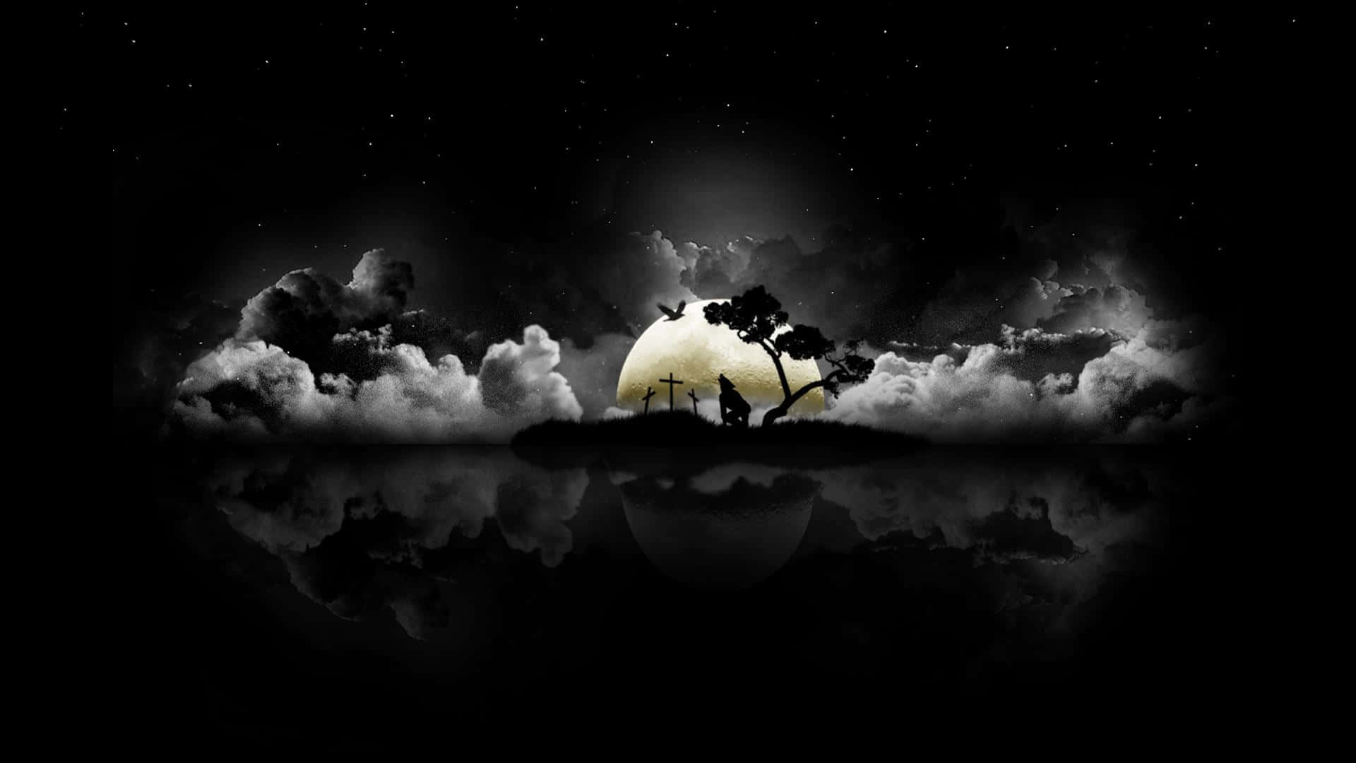 Mac Dark, full moon, dark water, Full HD Desktop Wallpaper