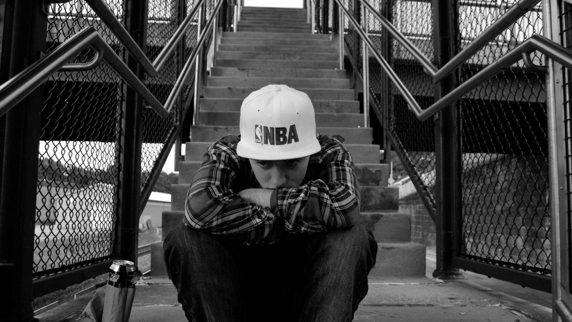 Mac Miller, white NBA cap, concrete stairs, Full HD Desktop Wallpaper