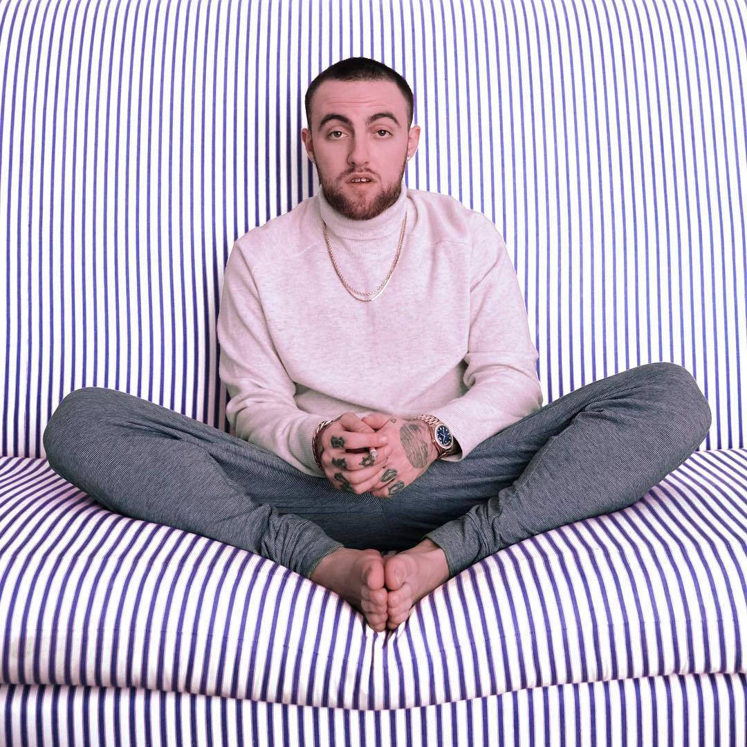 Mac Miller, blue and white striped couch, light pink sweater, SD Desktop Wallpaper