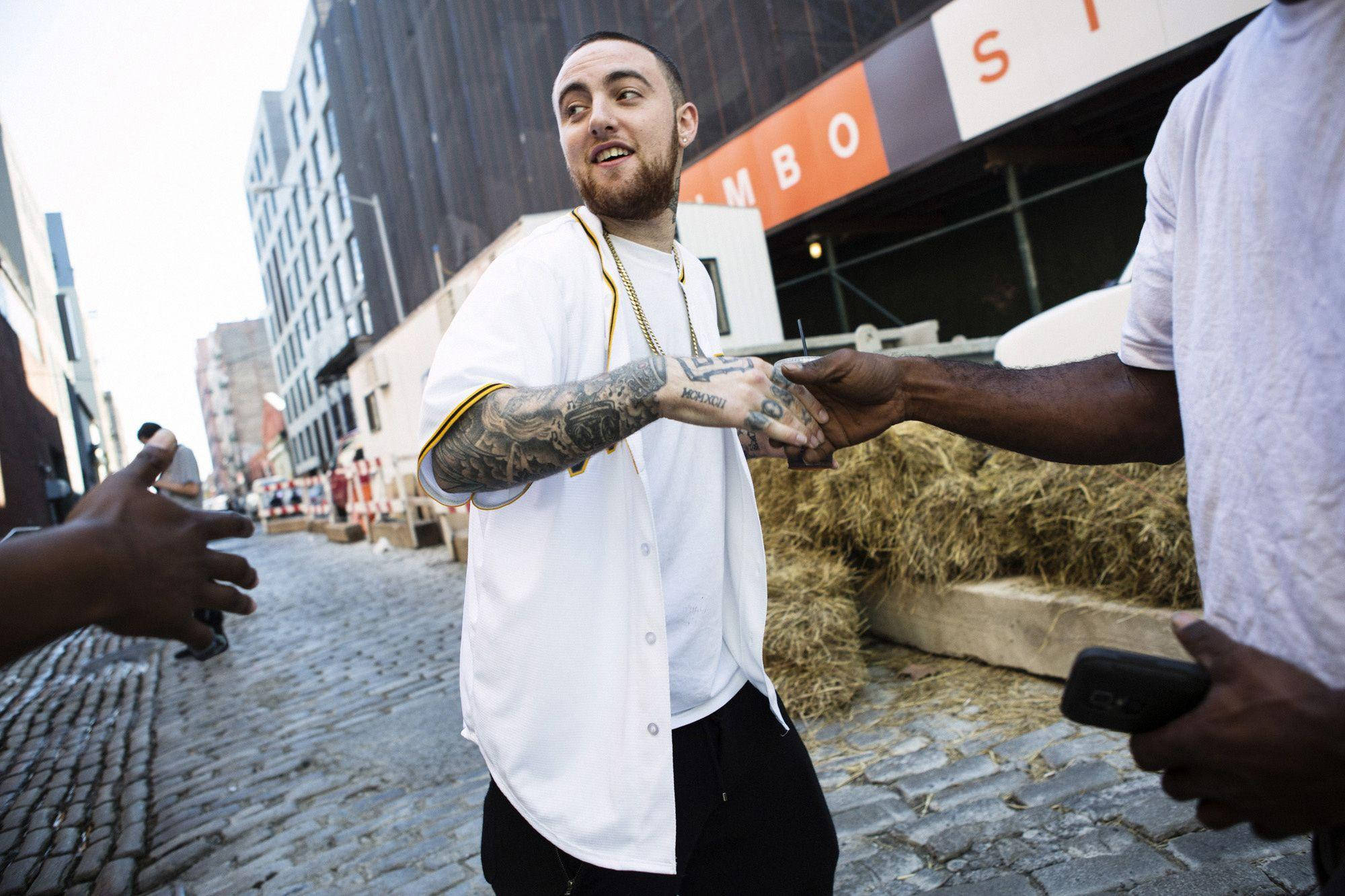 Mac Miller, white baseball jersey, cobblestone street, Full HD Desktop Wallpaper