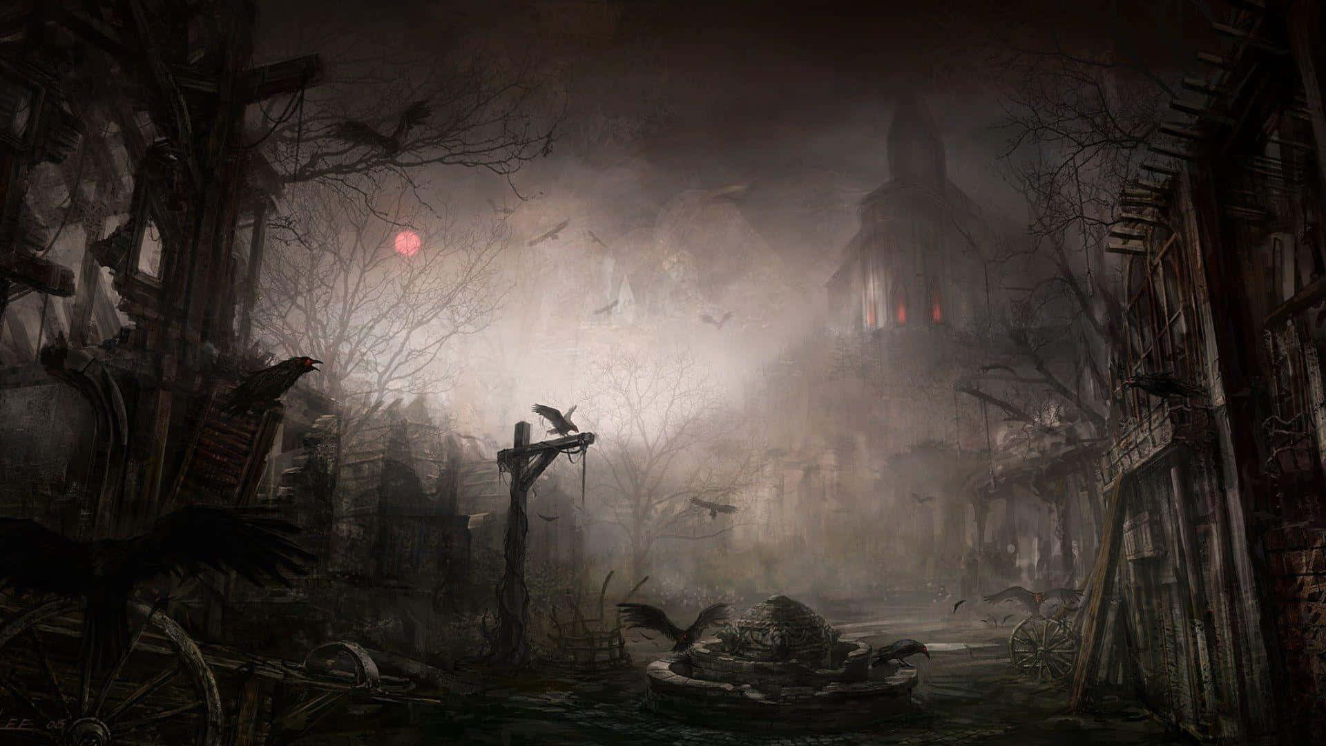 Macabre, foggy, abandoned town, Full HD Desktop Wallpaper