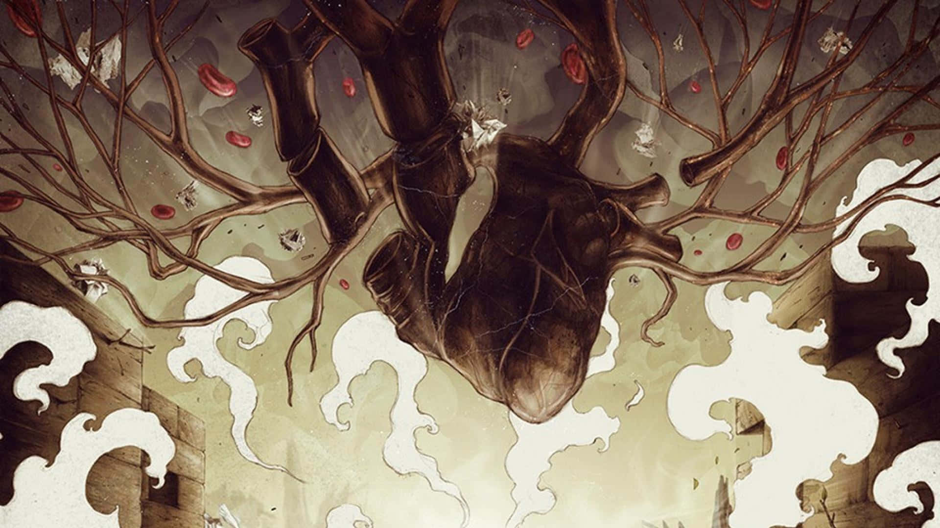 Macabre, human heart, gnarled tree branches, Full HD Desktop Wallpaper