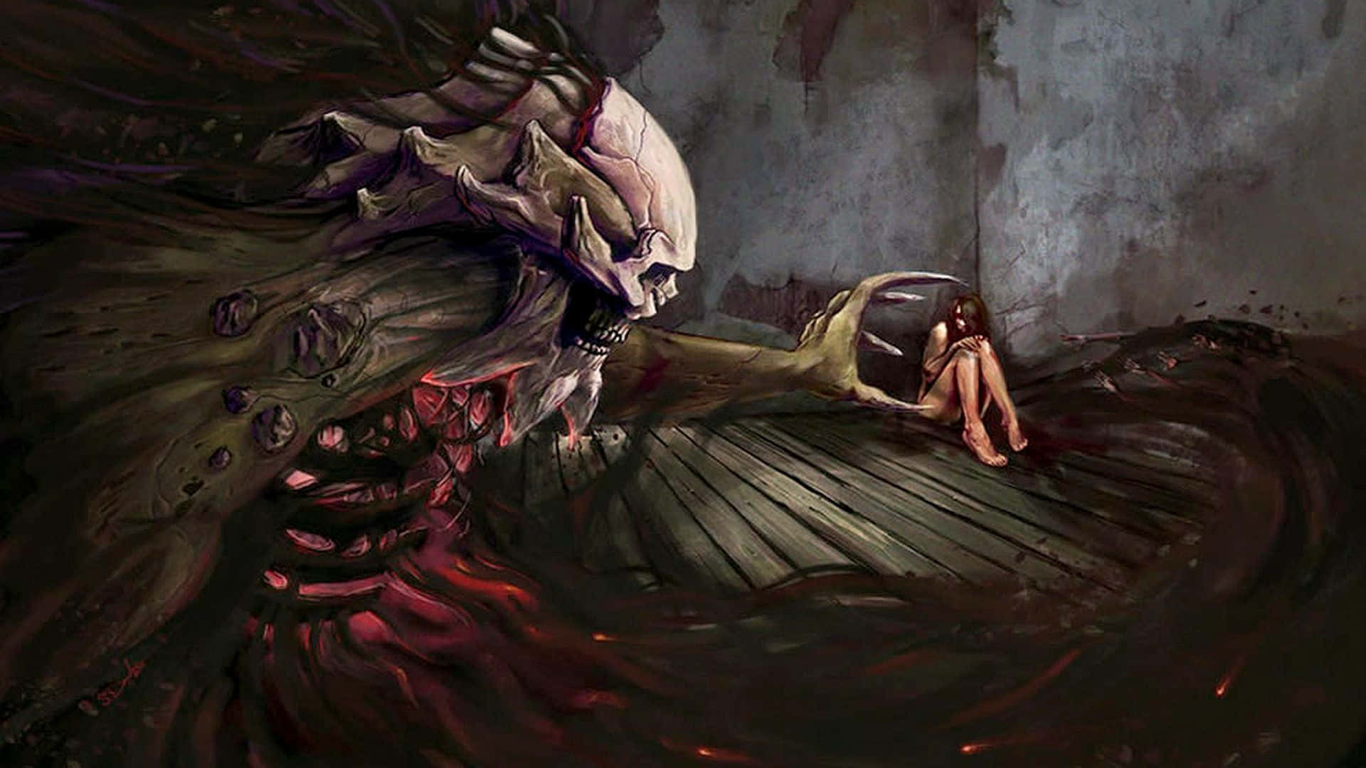 Macabre, skeletal creature, glowing red veins, Full HD Desktop Wallpaper