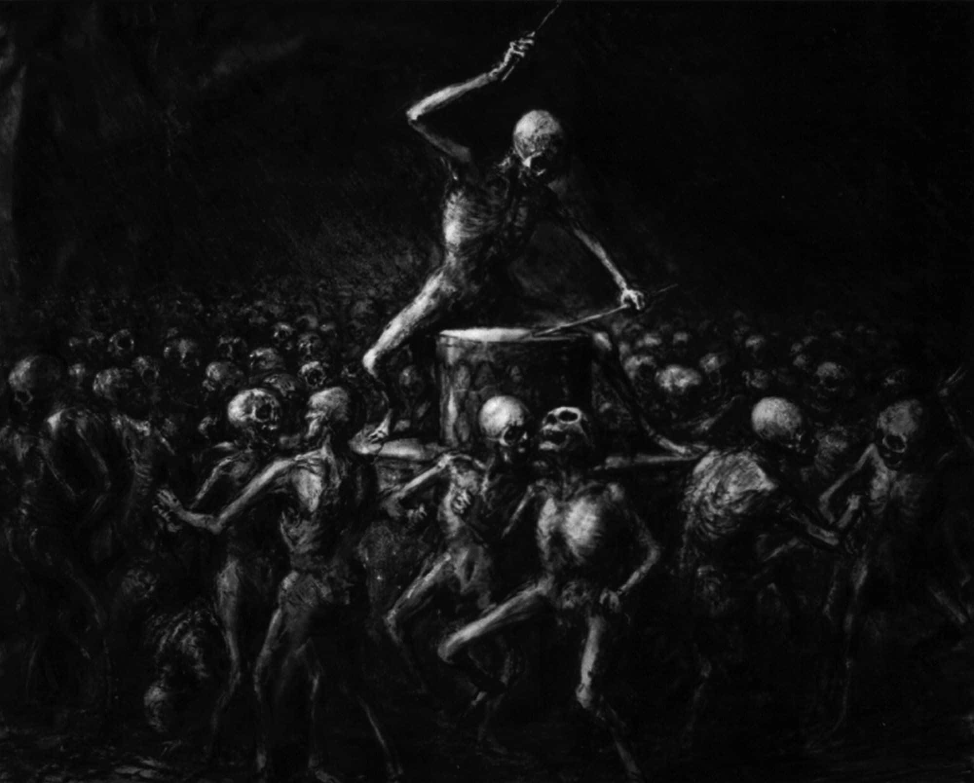 Macabre, skeletal figure, drum, Full HD Desktop Wallpaper