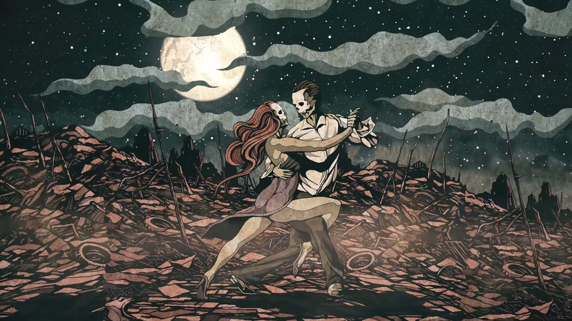 Macabre, skeletal couple, full moon, Full HD Desktop Wallpaper