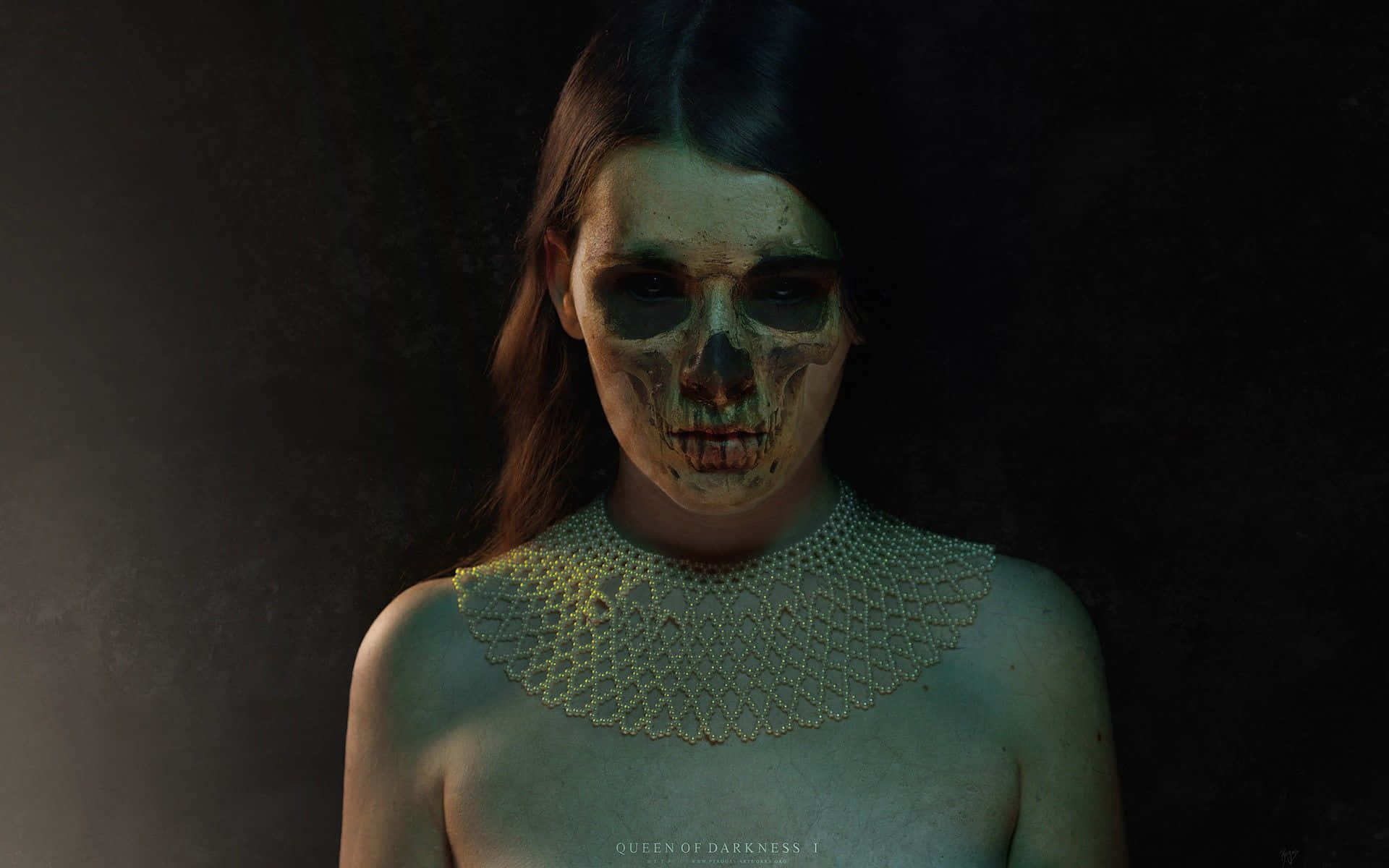 Macabre, skull painted on her face, jeweled collar, Full HD Desktop Wallpaper