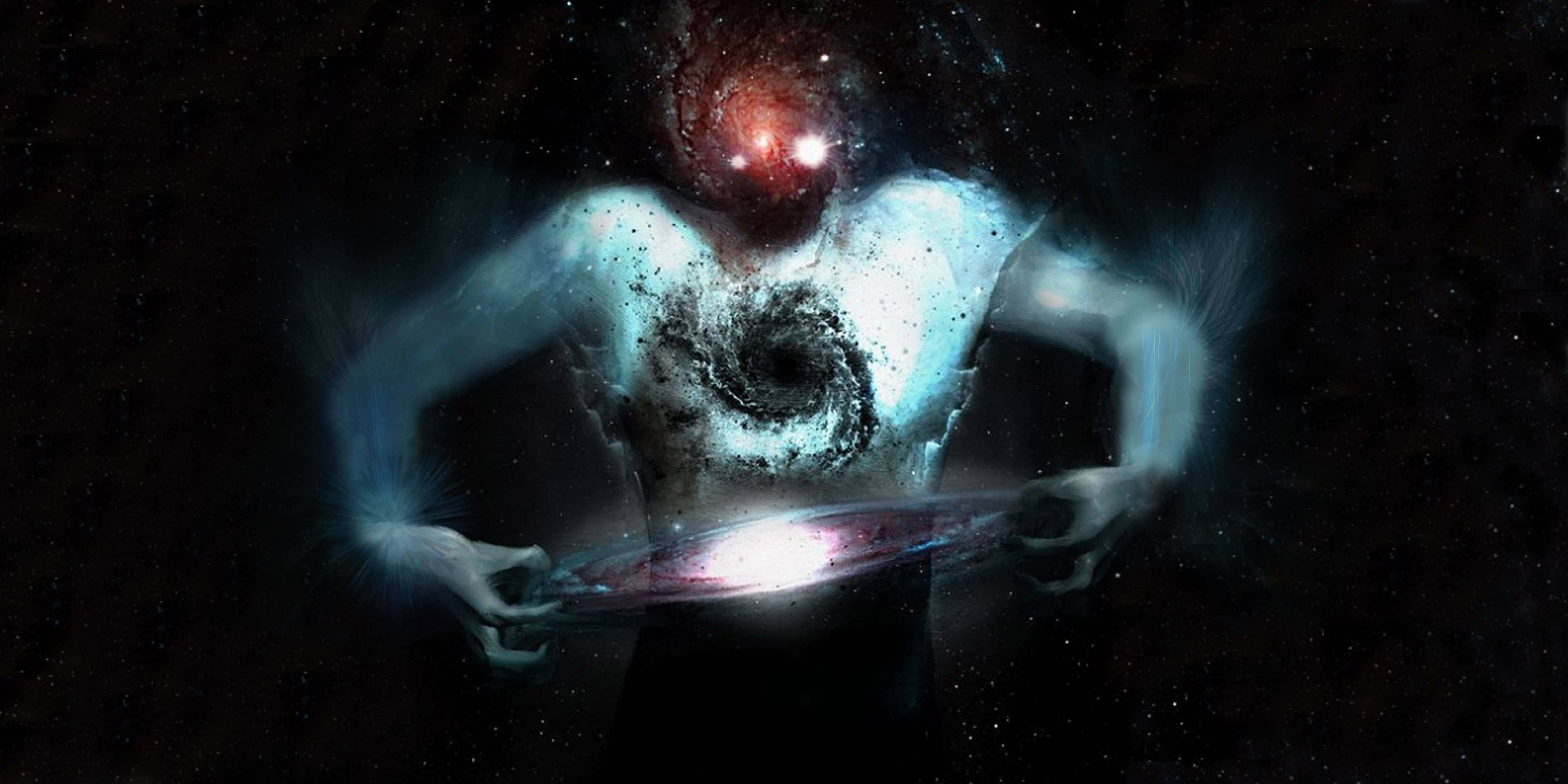 Macabre, glowing eyes, swirling galaxy torso, 5K Desktop Wallpaper