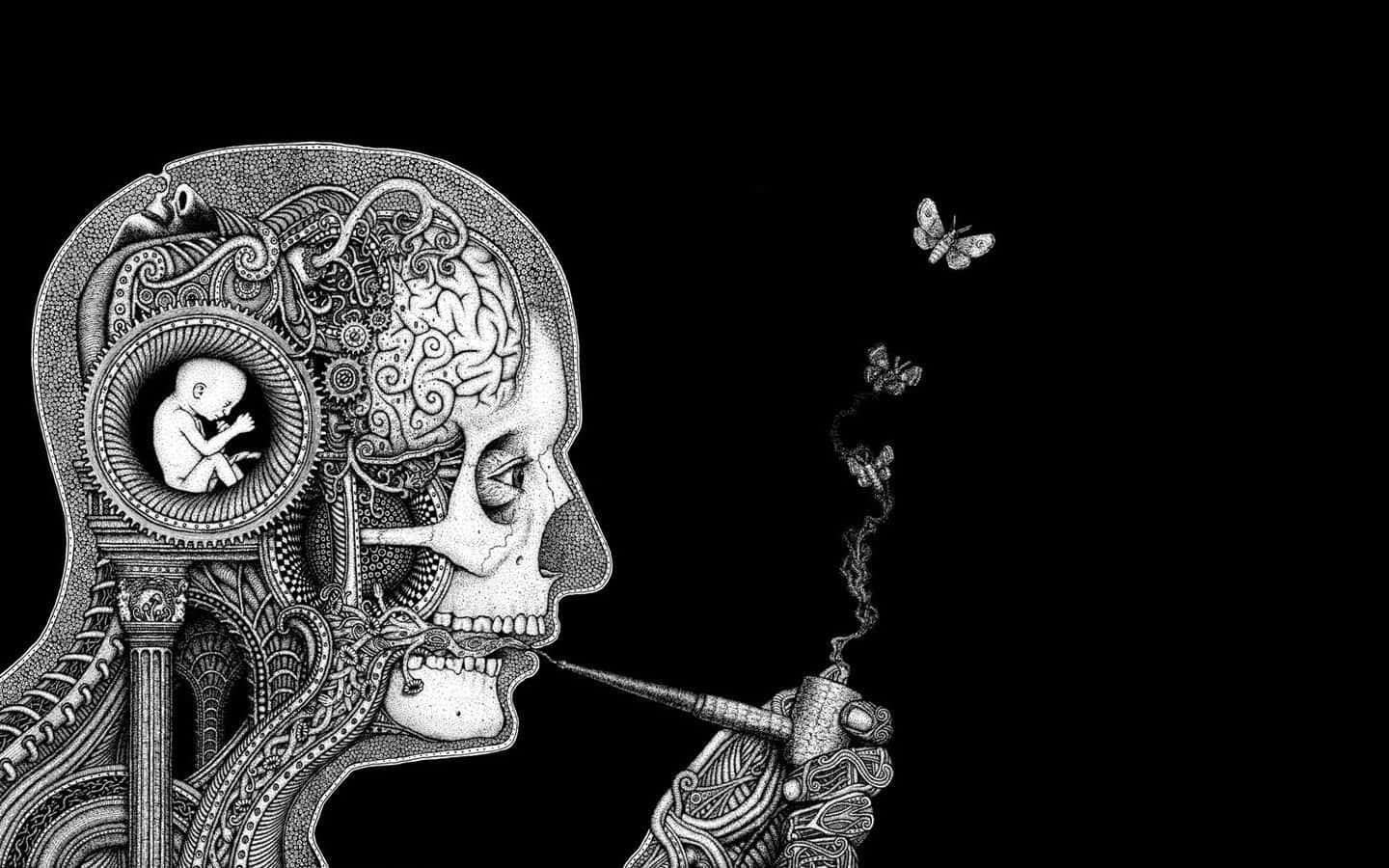 Macabre, black and white illustration, human head, HD Desktop Wallpaper