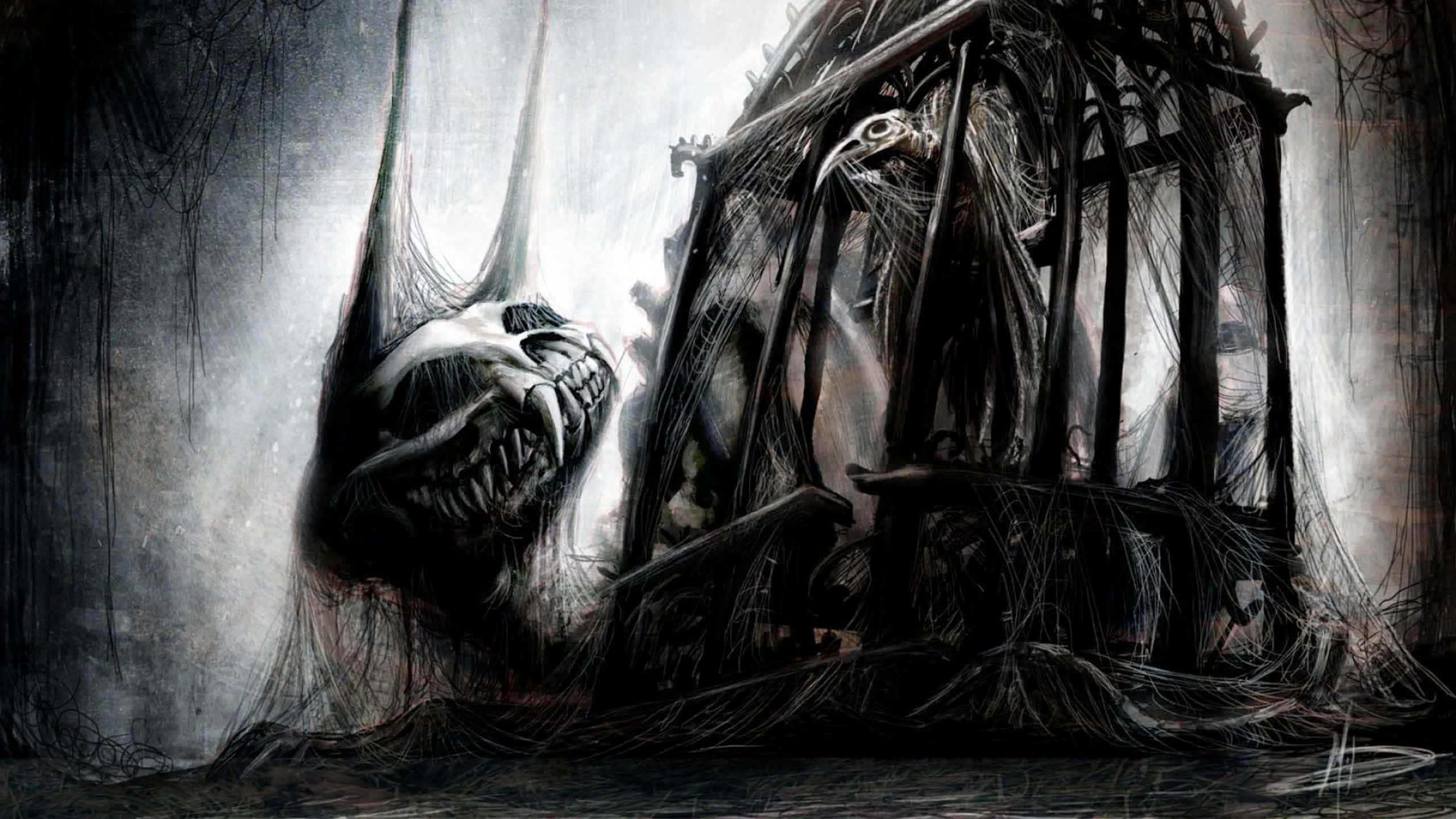 Macabre, skeletal creature, tangled vines, 2K Desktop Wallpaper