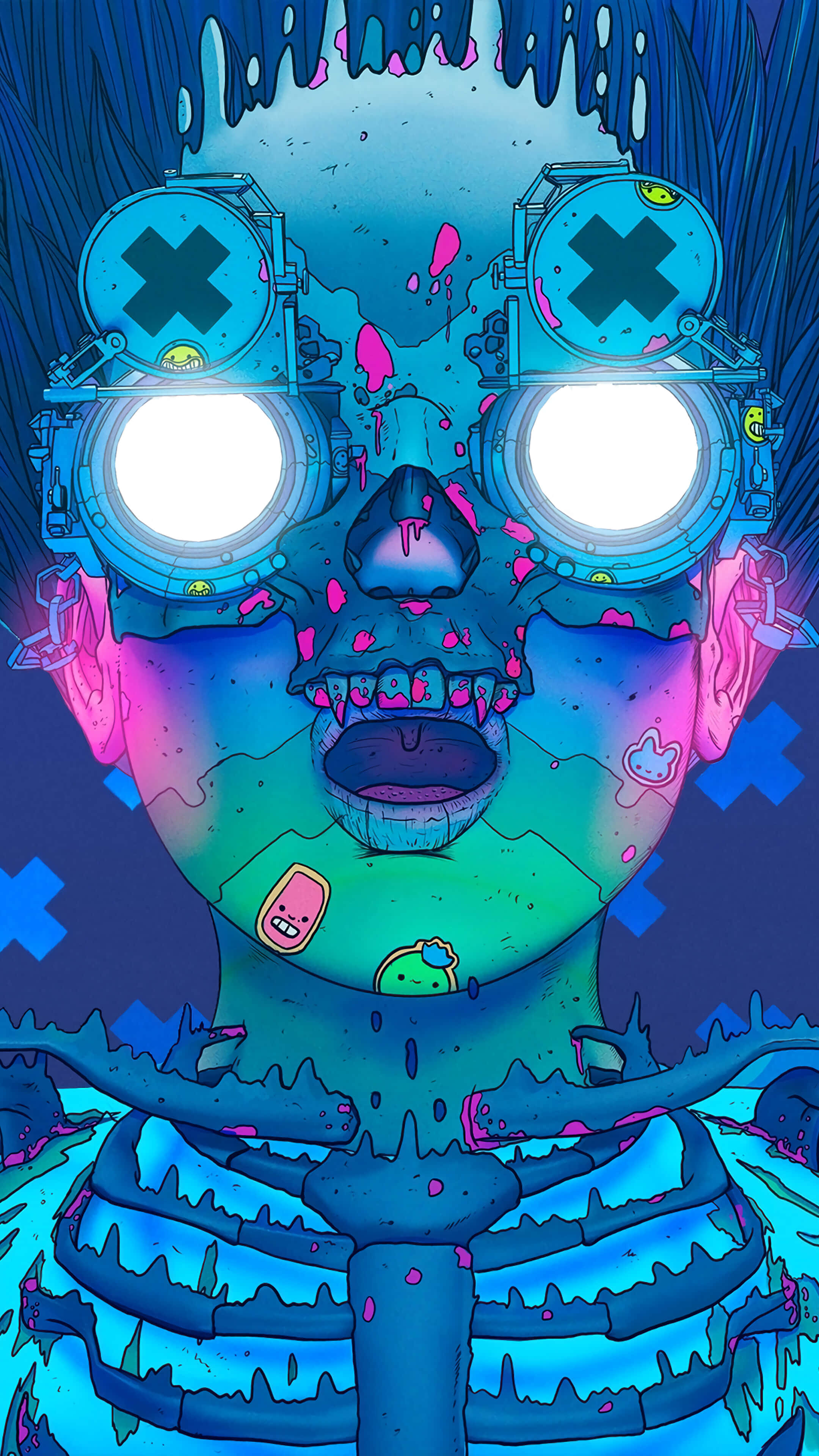 Macabre, glowing blue skull, oversized goggles, 4K Phone Wallpaper