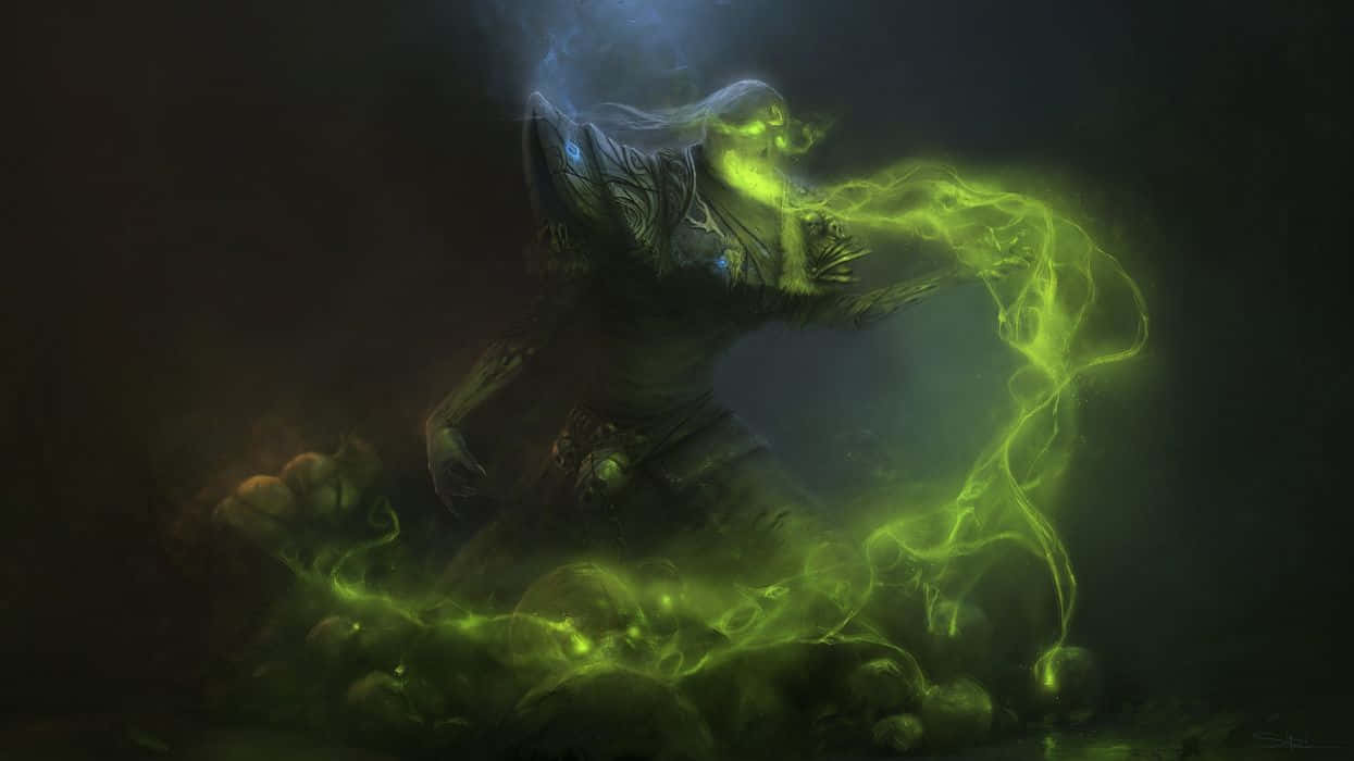 Macabre, hooded dark figure, glowing green energy, SD Desktop Wallpaper