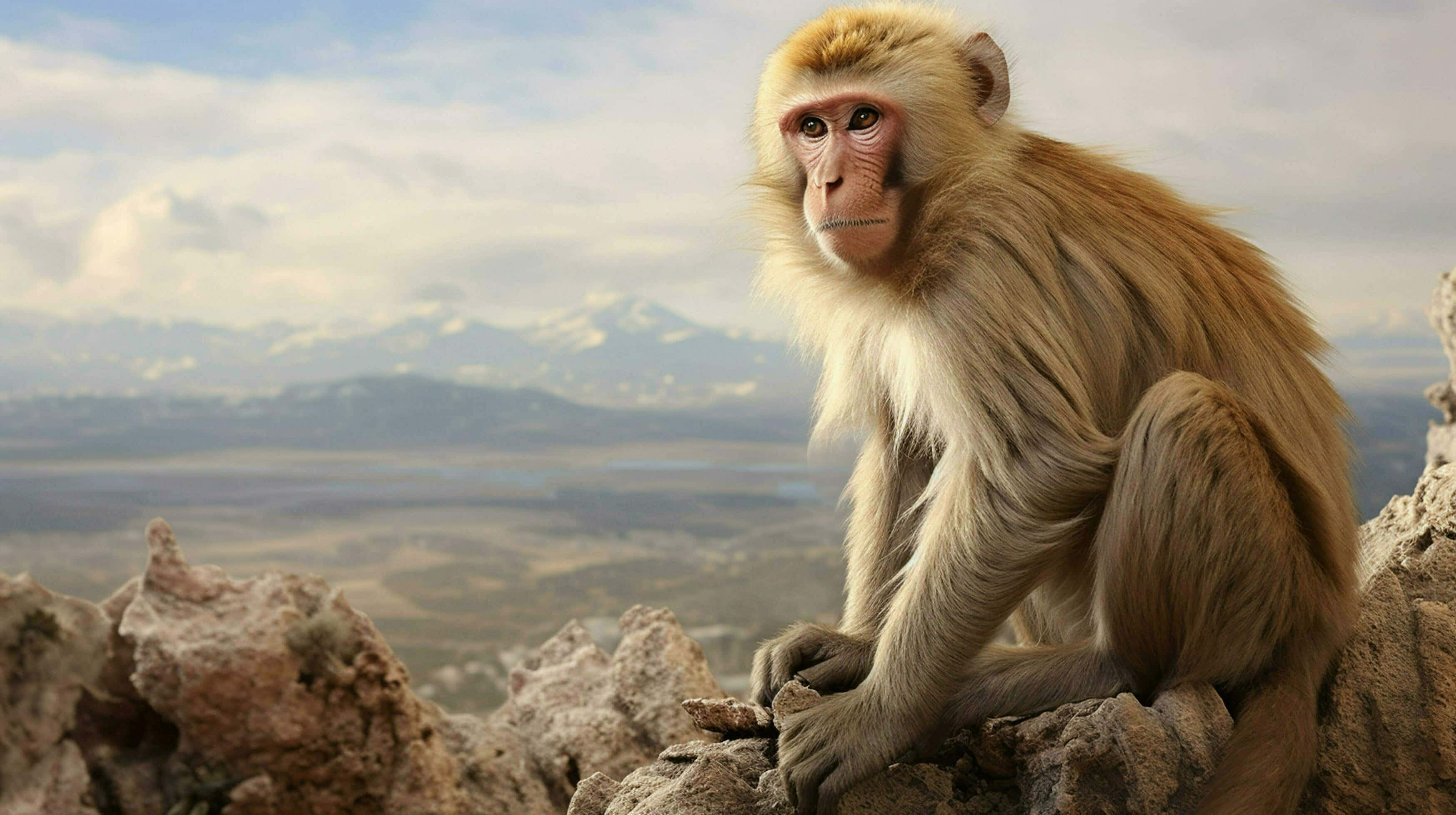 Macaque, golden fur, rugged rocks, 2K Desktop Wallpaper