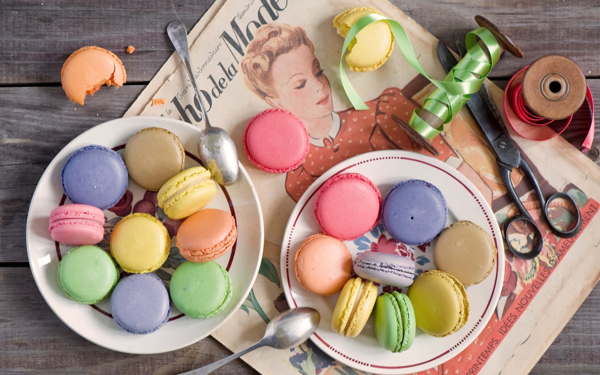 rainbow macarons, white plates, vintage French magazine, Full HD Desktop Wallpaper