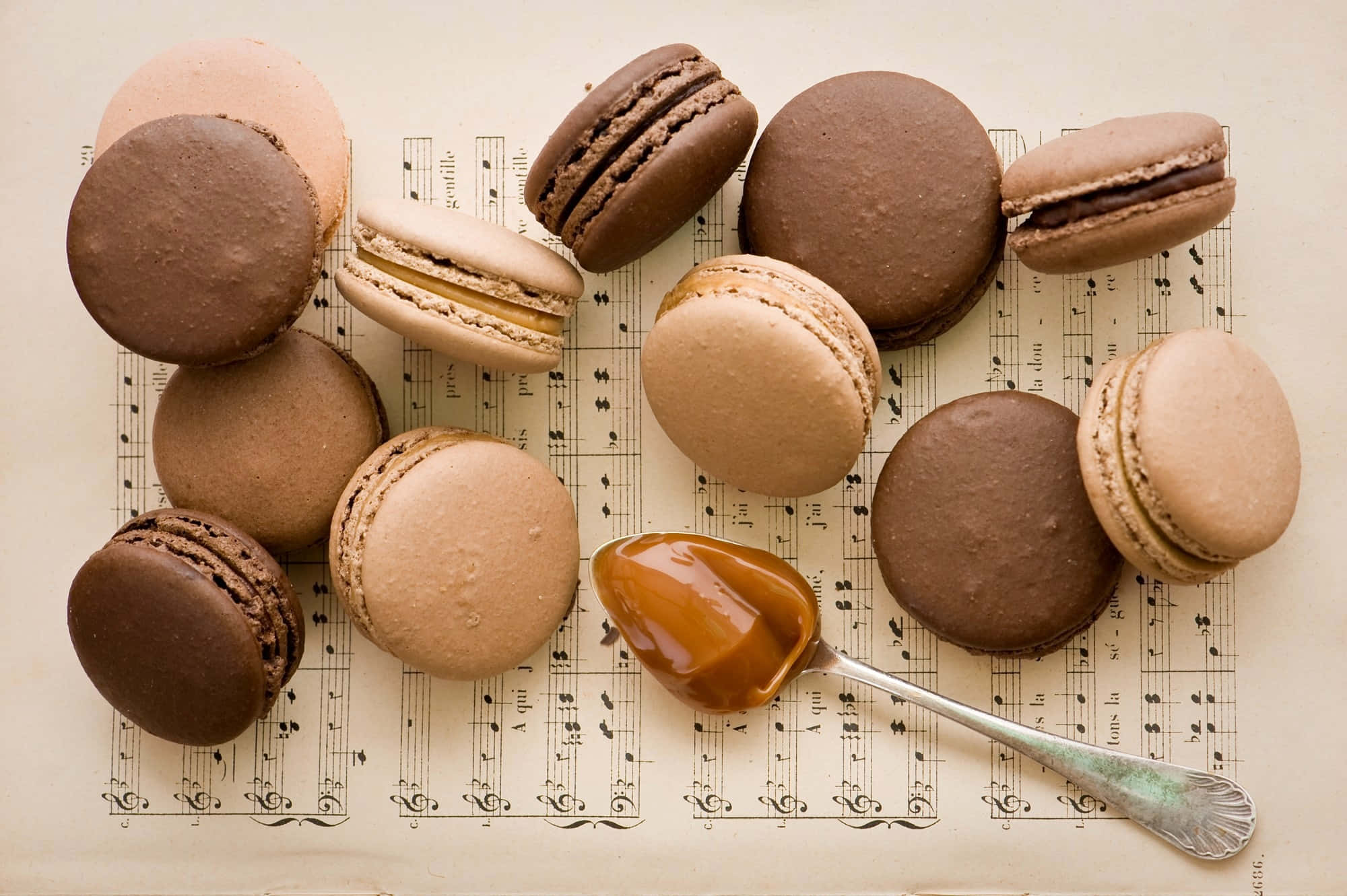 elegant neutral colored tasty macaron, rich chocolate, caramel macarons, Full HD Desktop Wallpaper