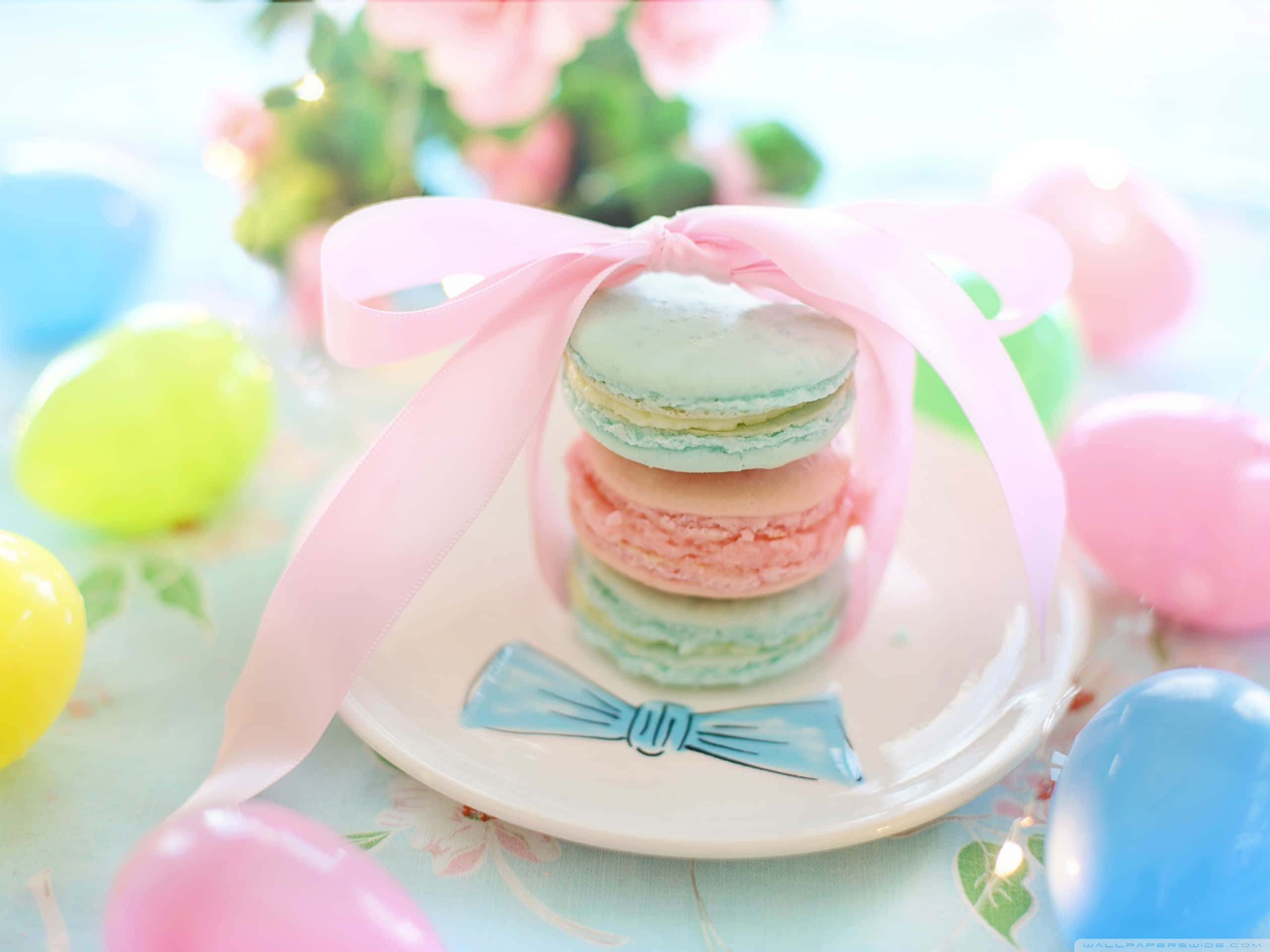 pastel macarons, pink ribbon, plate, 2K Desktop Wallpaper