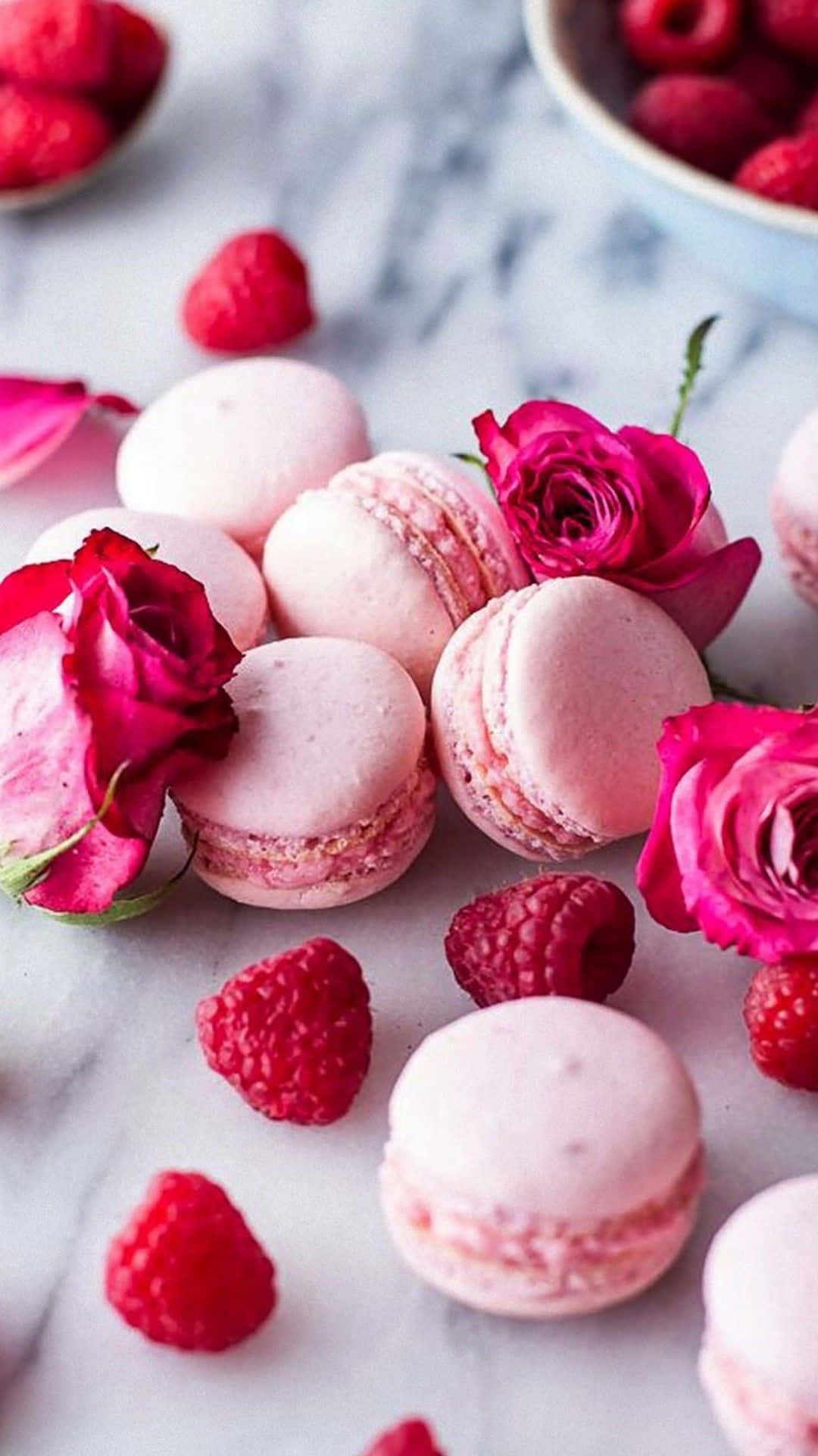 Pink Macarons, Raspberries, Roses, Full HD Phone Wallpaper