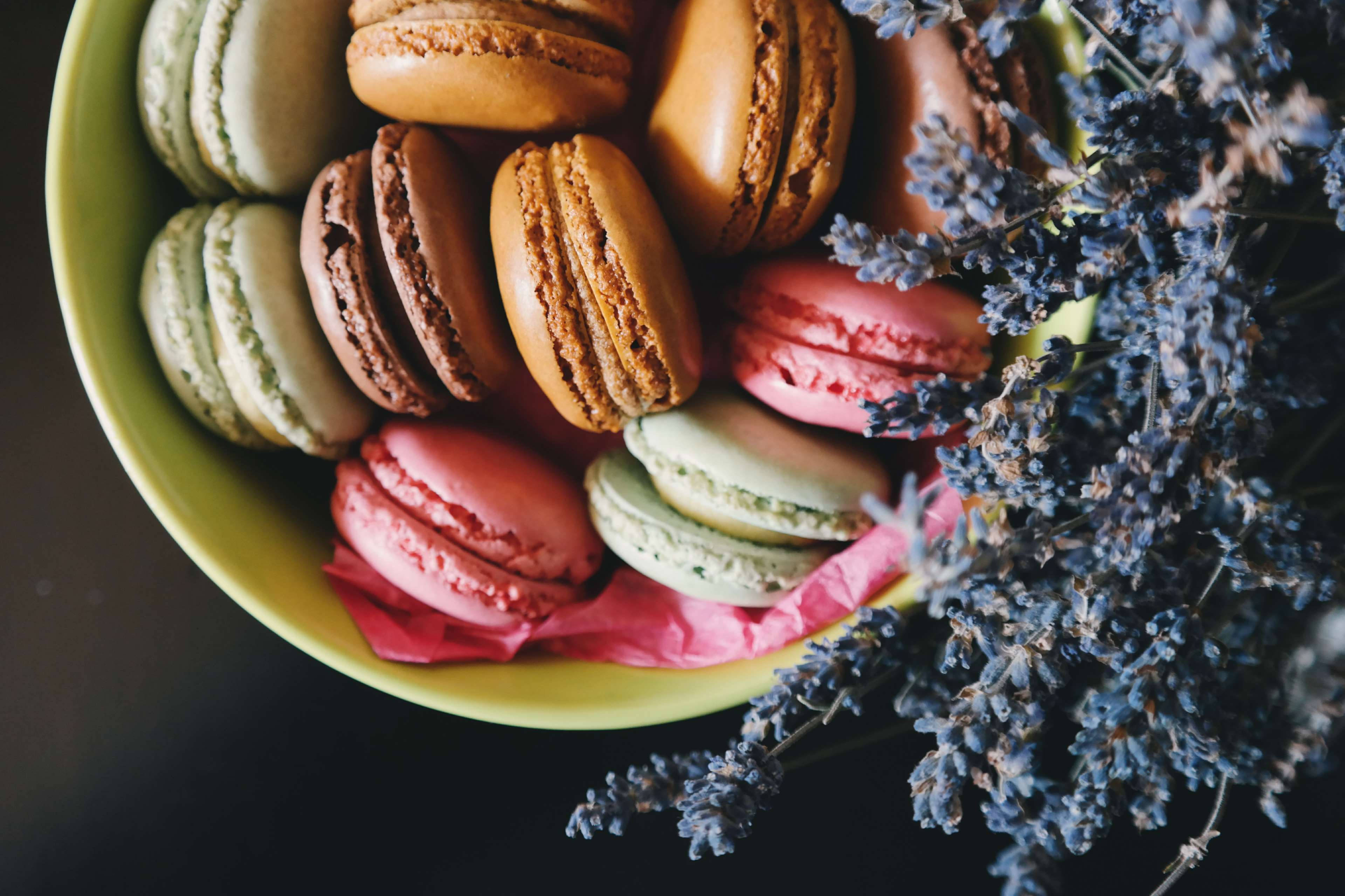 bowl of macarons, assorted macarons, dried lavender, 4K Desktop Wallpaper