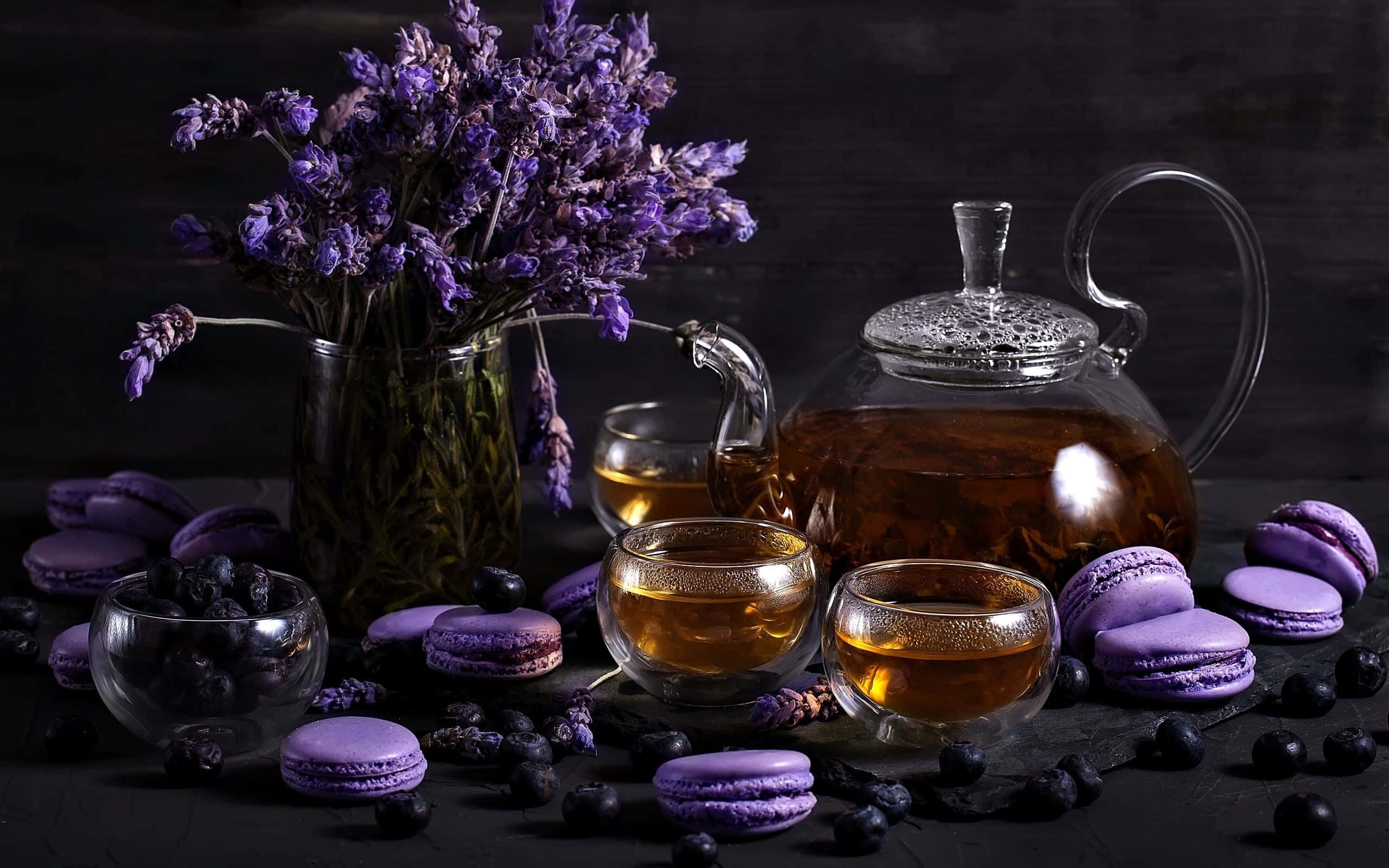 lavender purple, macarons, blueberries, 2K Desktop Wallpaper
