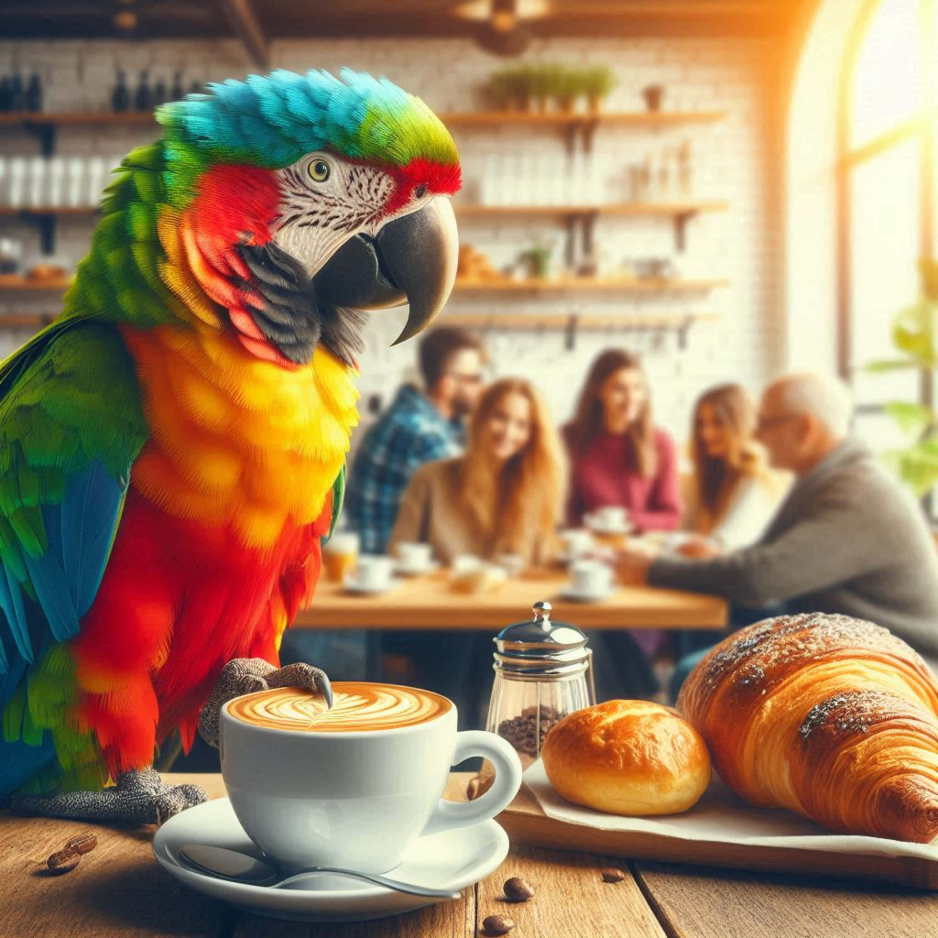 blue and yellow macaw, café table, latte, 2K Desktop Wallpaper