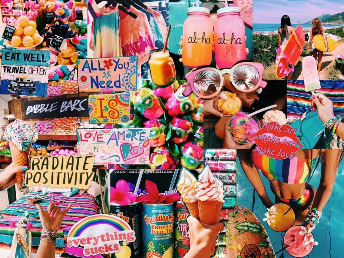 Macbook Collage, tropical beach, colorful signs, SD Desktop Wallpaper