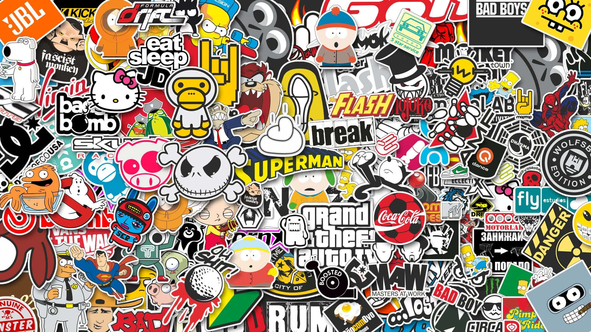 MacBook Collage, colorful pop culture stickers, surface, Full HD Desktop Wallpaper