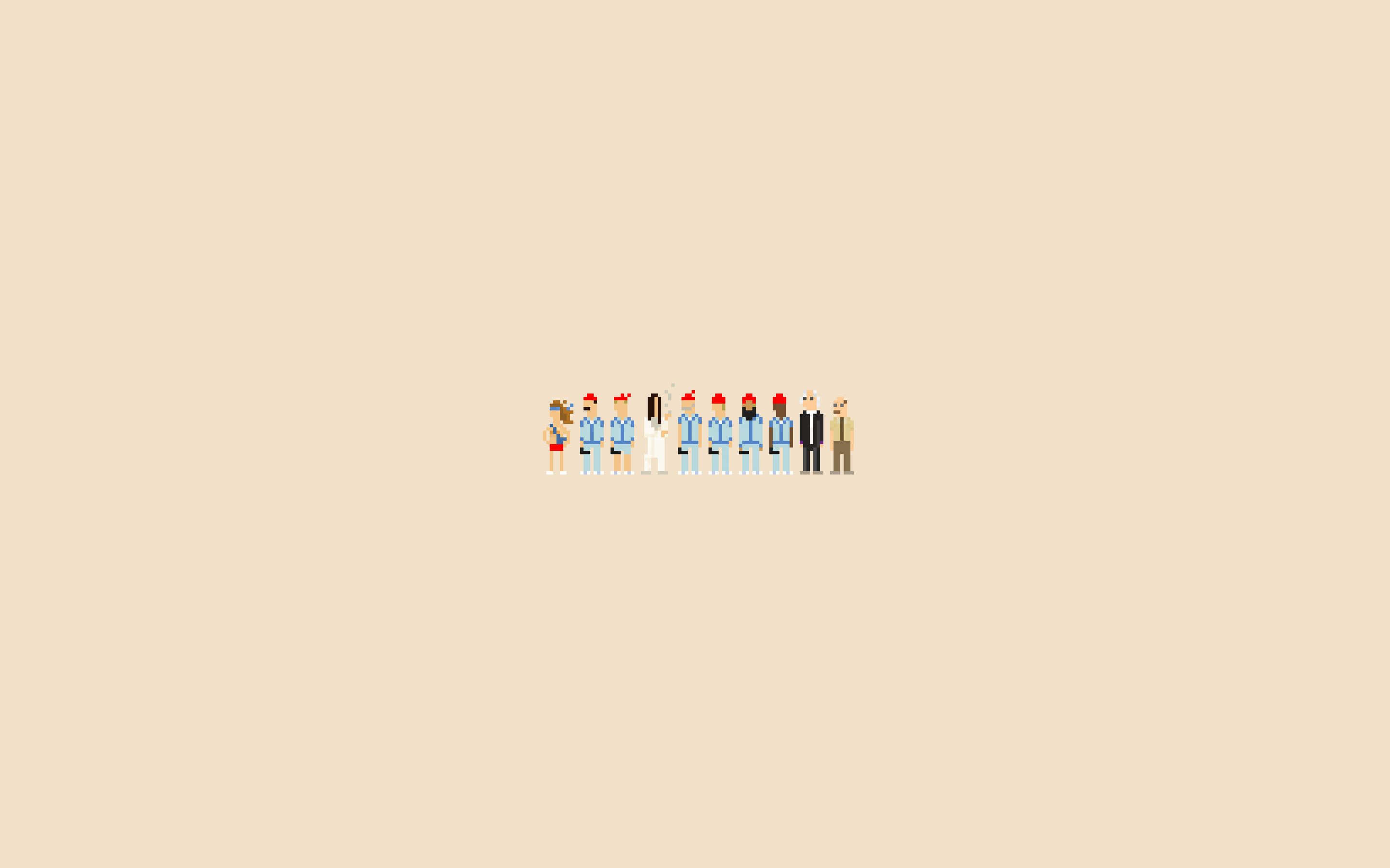 minimalist, pixel art, nine tiny figures, 2K Desktop Wallpaper