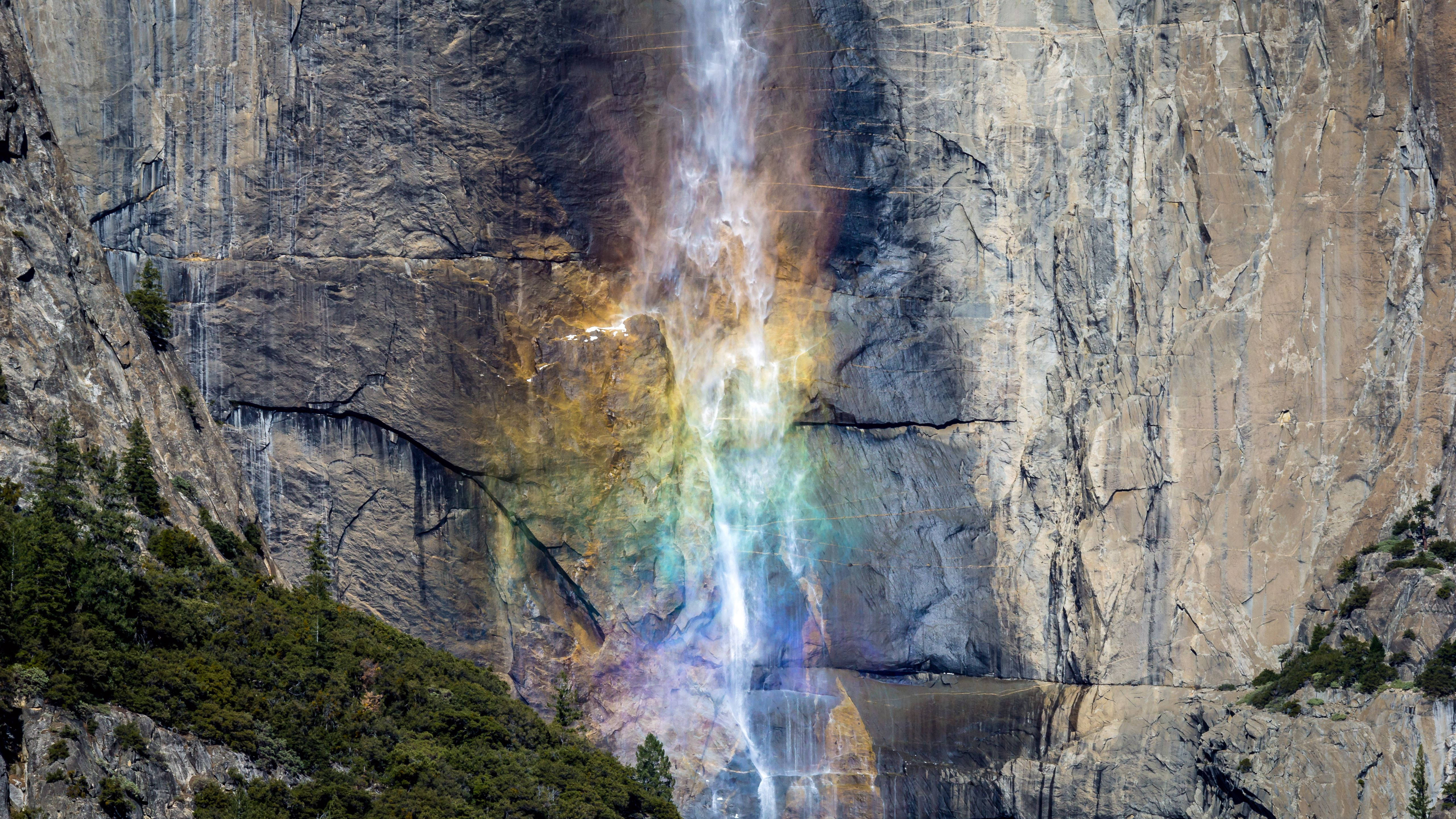 Rainbow Waterfall, Macbook Pro 4K, rugged cliff face, 5K Desktop Wallpaper