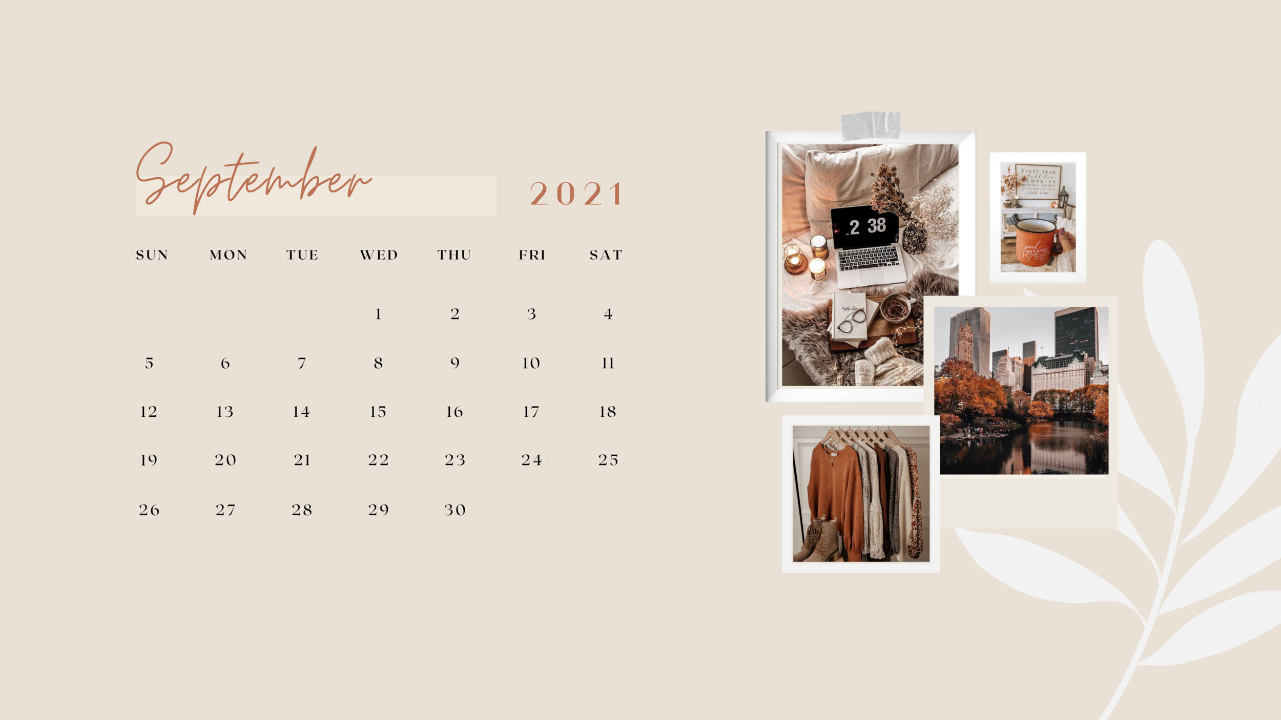 September 2021 calendar, cozy workspace, autumn cityscape, Full HD Desktop Wallpaper