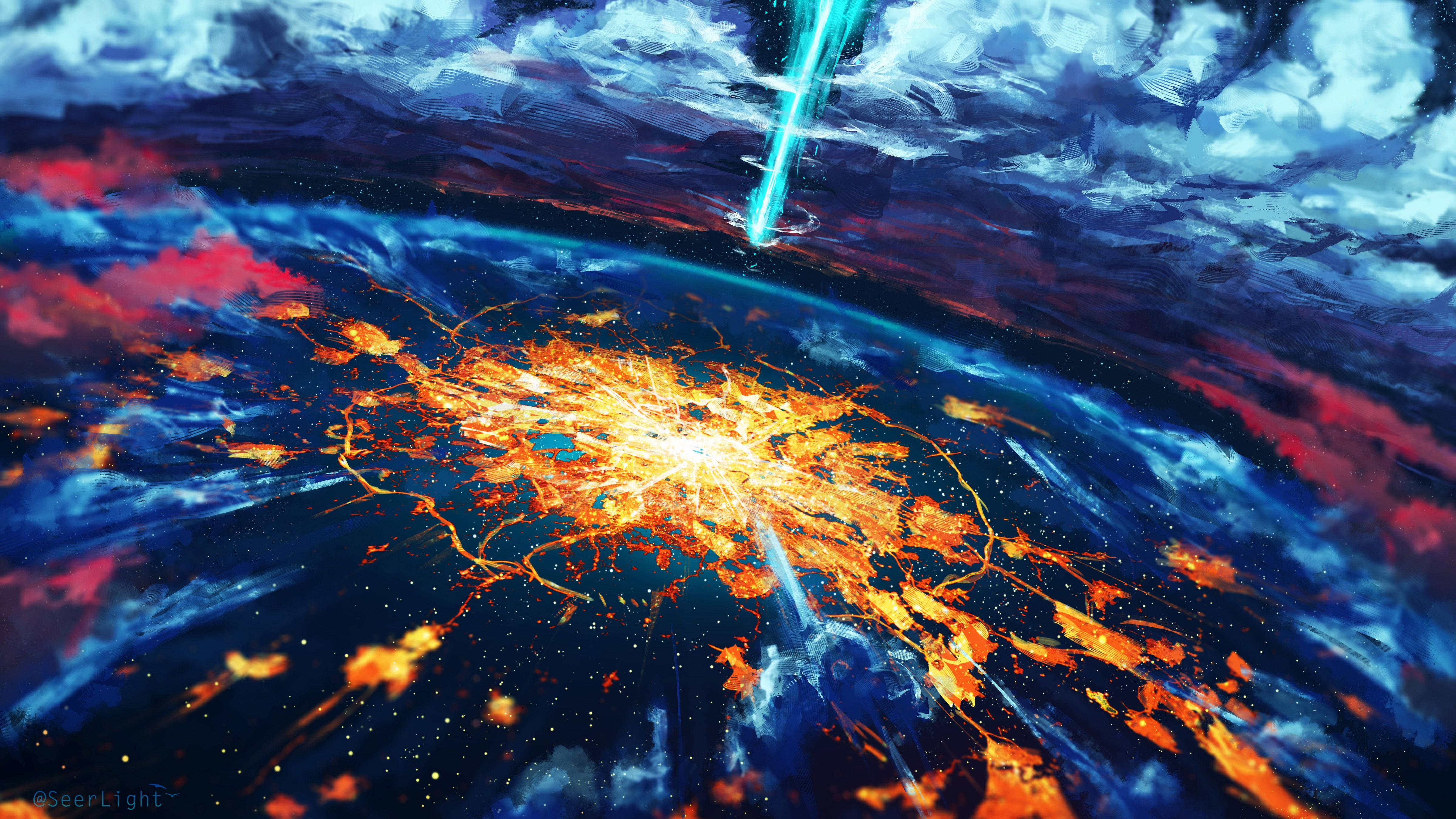MacBook Pro, cosmic explosion, fiery orange energy, 4K Desktop Wallpaper