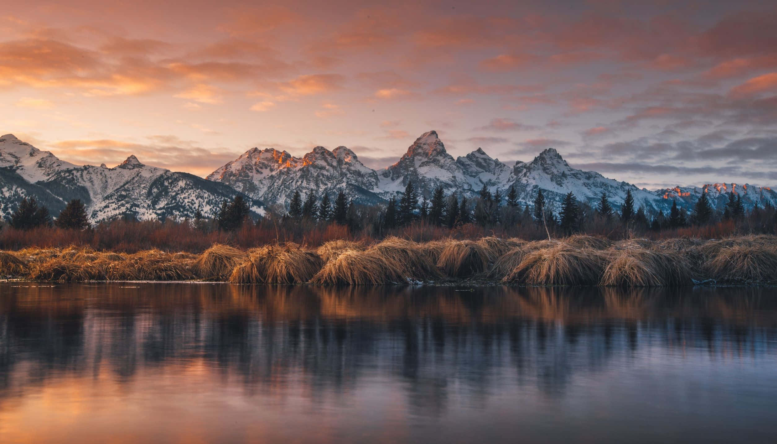 MacBook Retina, snowy mountain range, fiery sunset sky, Full HD Desktop Wallpaper