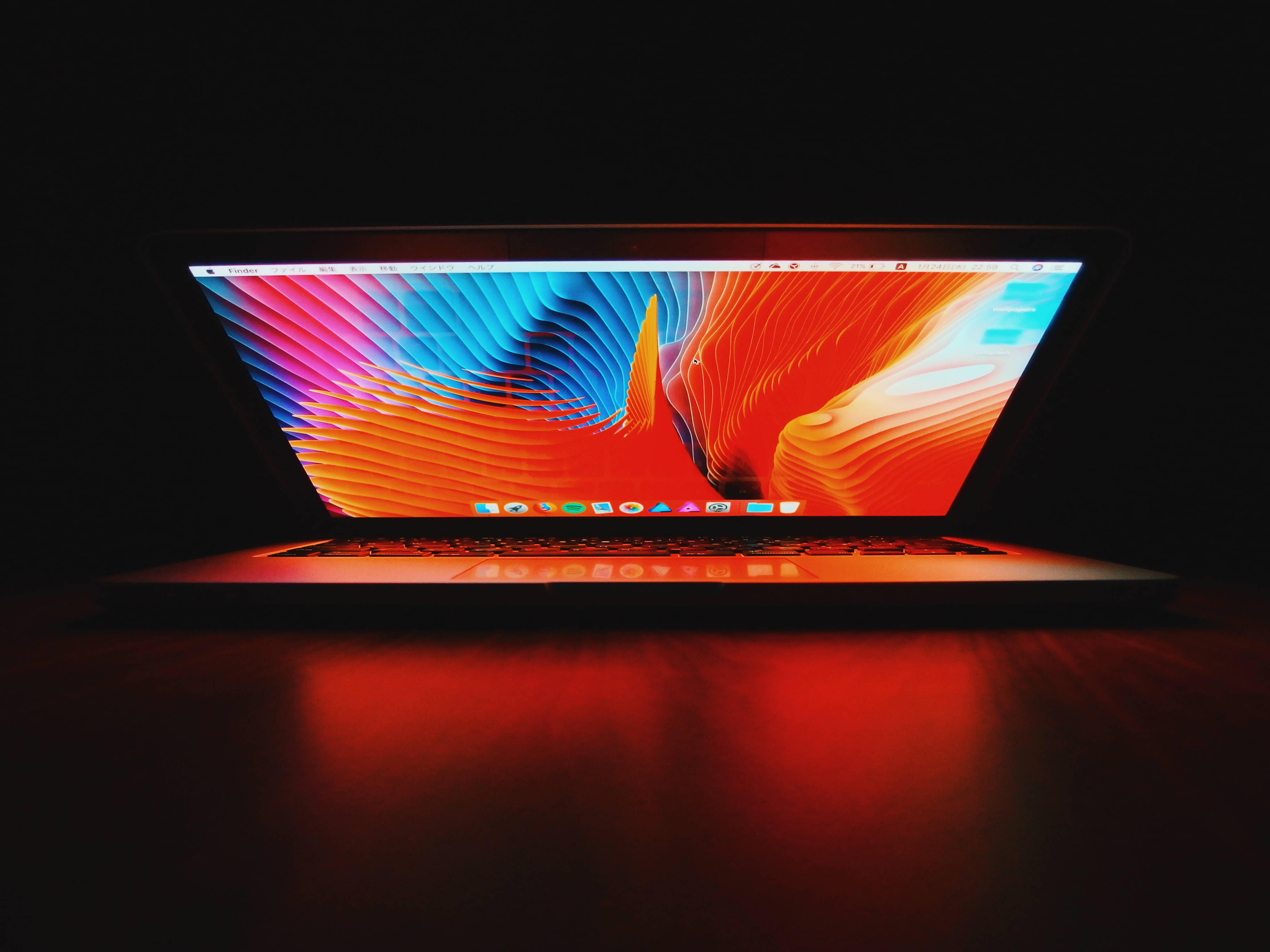 Macbook, red screen, vibrant abstract waves of color, 4K Desktop Wallpaper