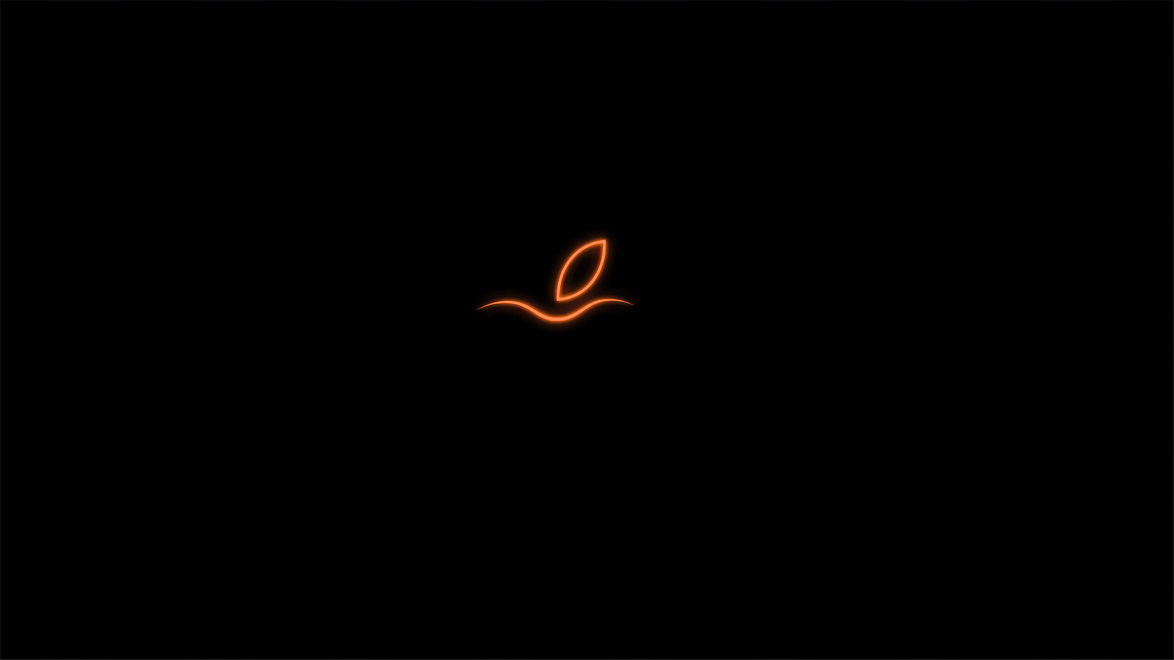 Black Macbook, glowing orange neon leaf, pure black background, 4K Desktop Wallpaper