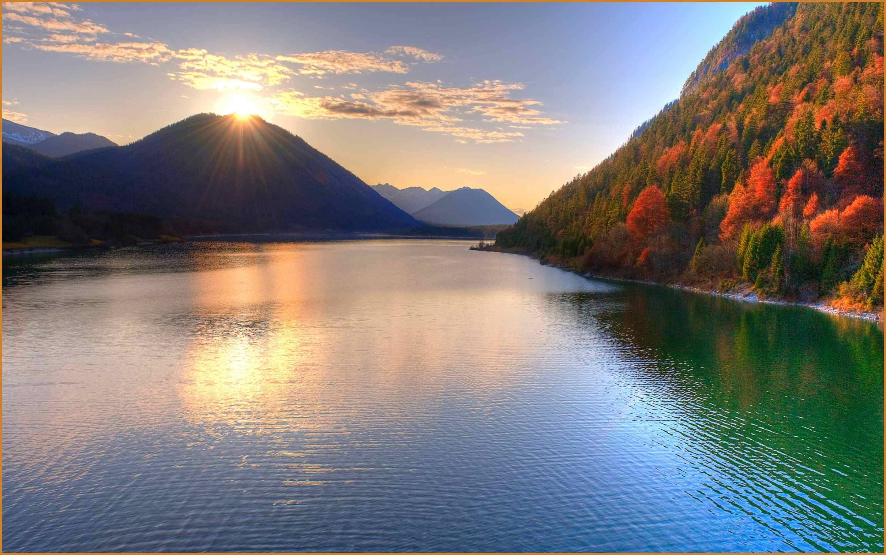 sunset, lake, mountains, 2K Desktop Wallpaper
