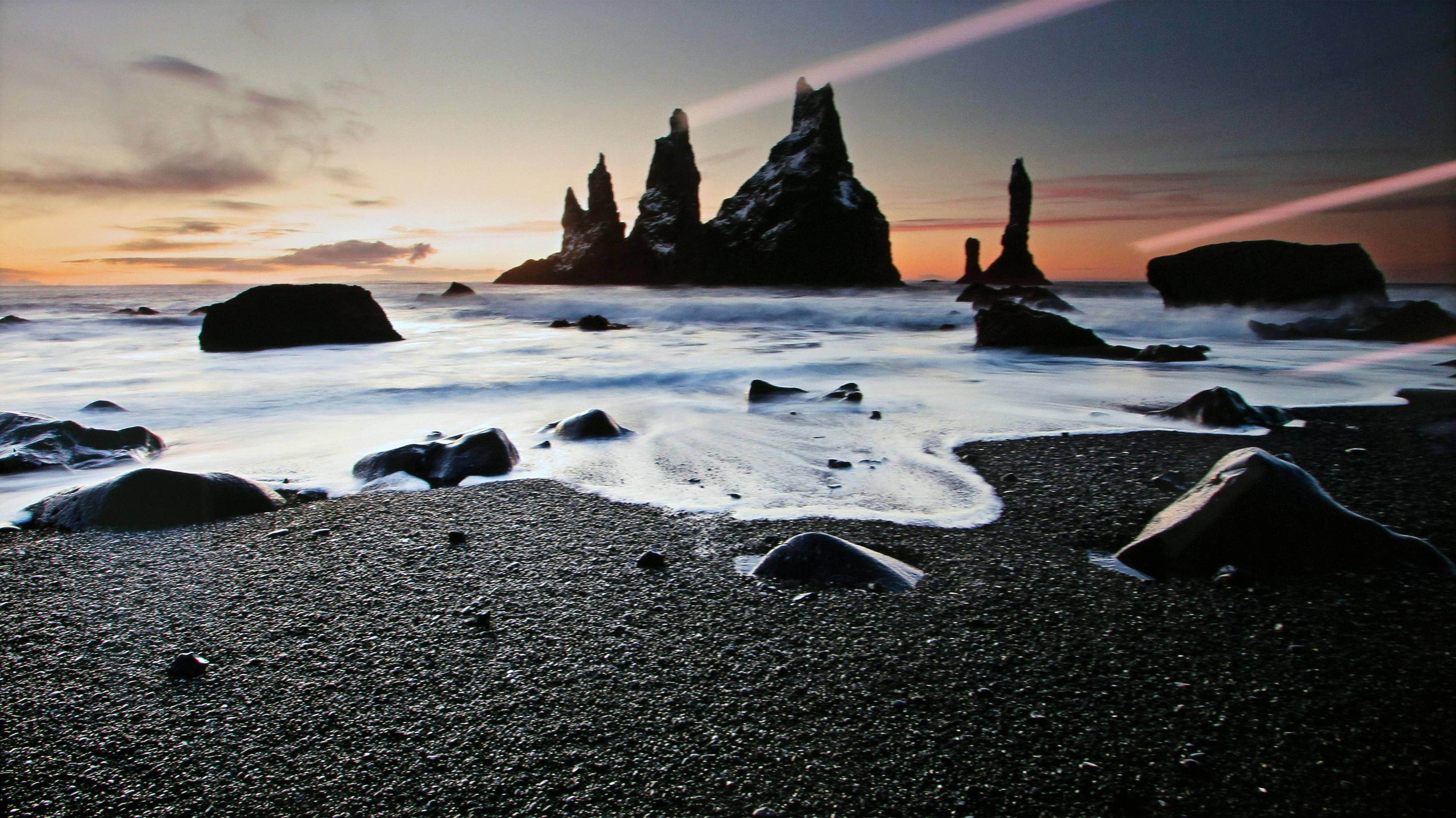 coast sunset macbook, black sand beach, sea stacks, 4K Desktop Wallpaper
