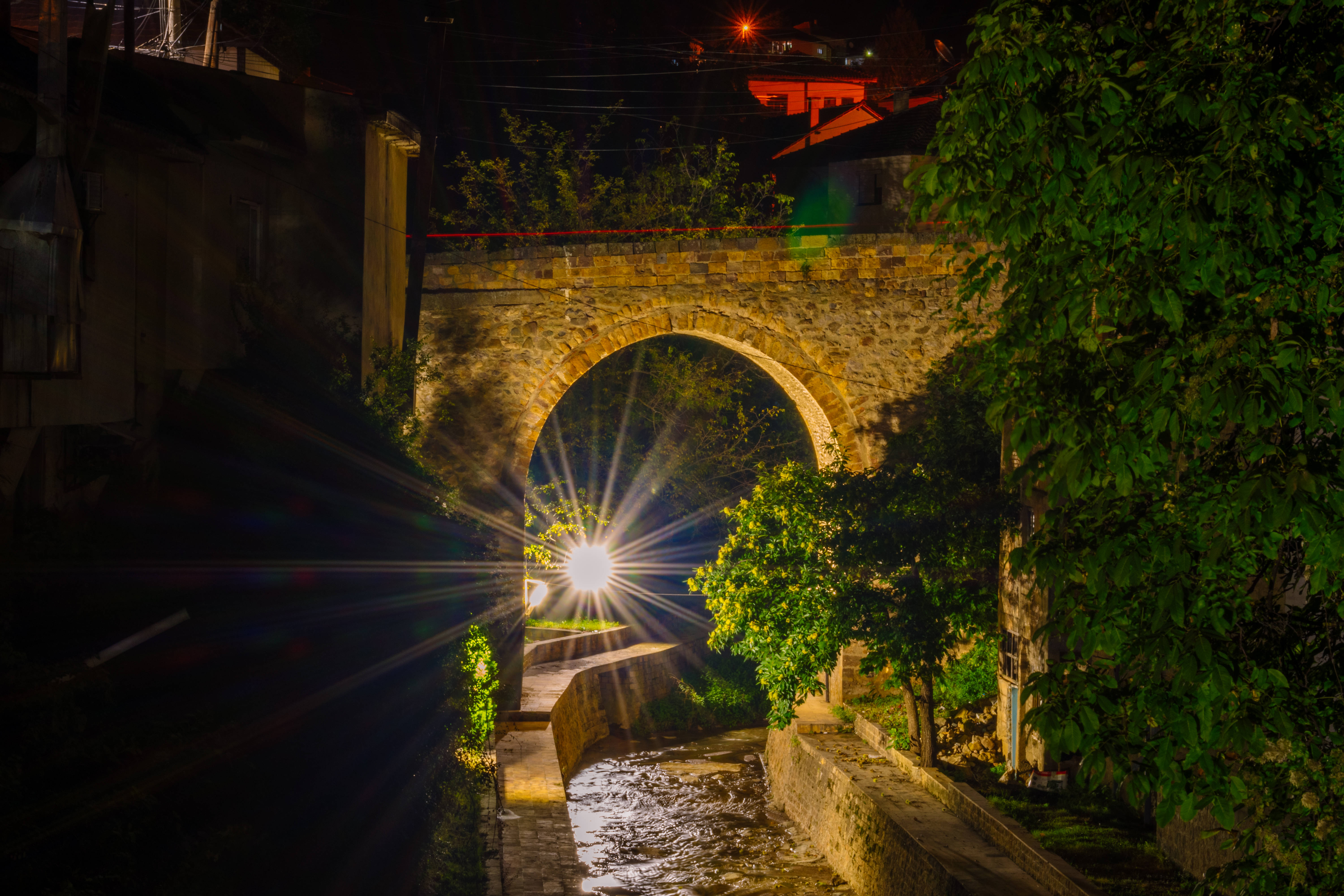 Macedonia, bright streetlight, stone arch bridge, 5K Desktop Wallpaper